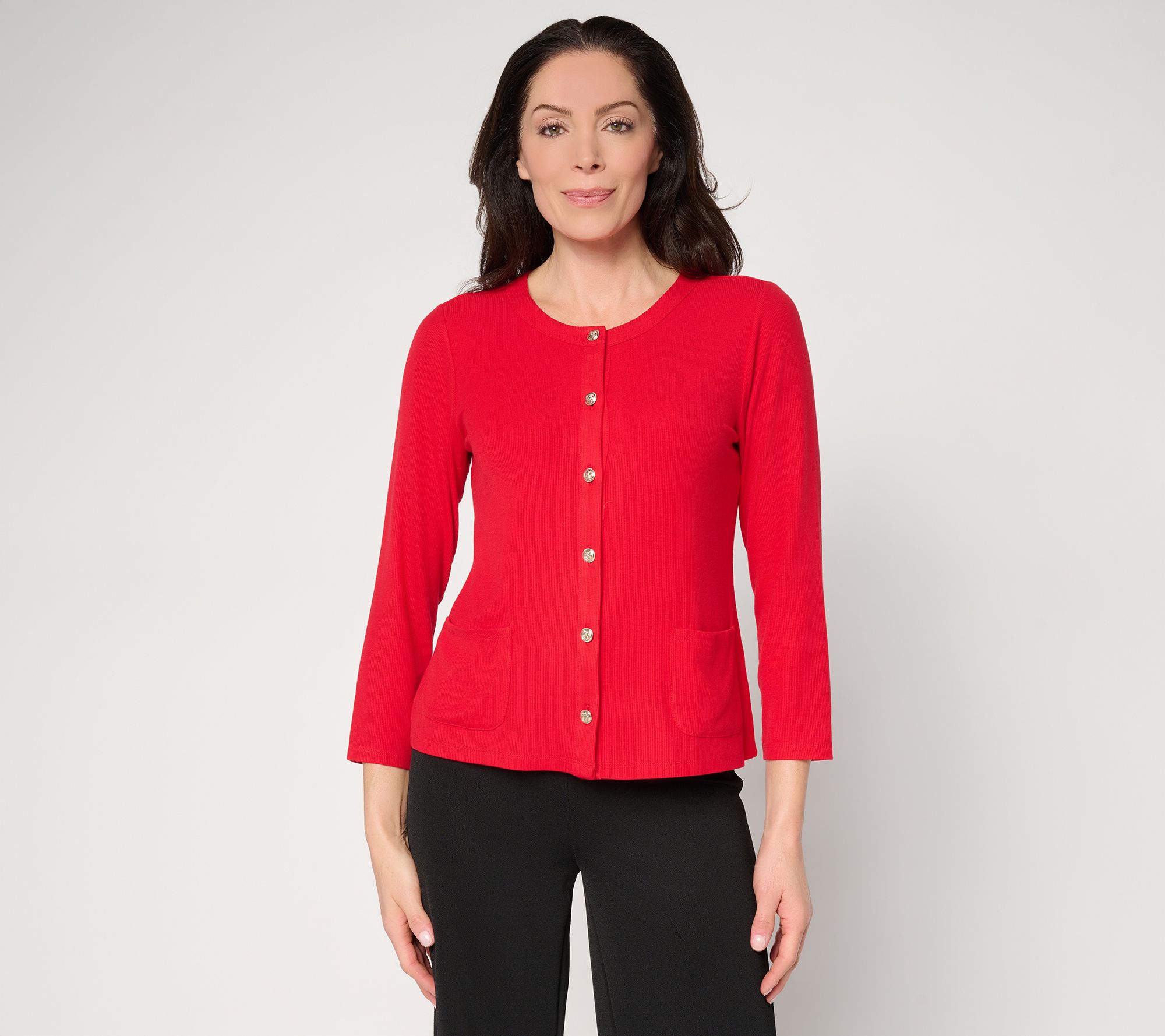  Susan Graver Rib Knit 3/4 Sleeve Button Front Cardigan