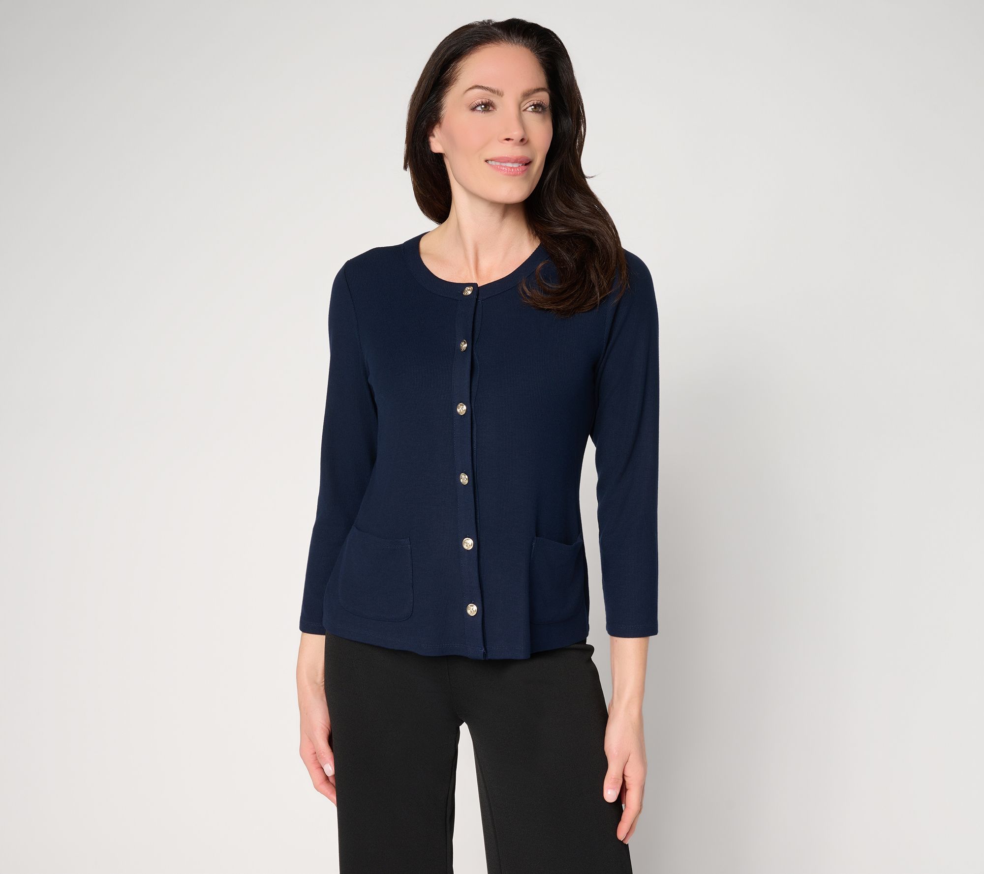 Susan Graver Rib Knit 3/4 Sleeve Button Front Cardigan