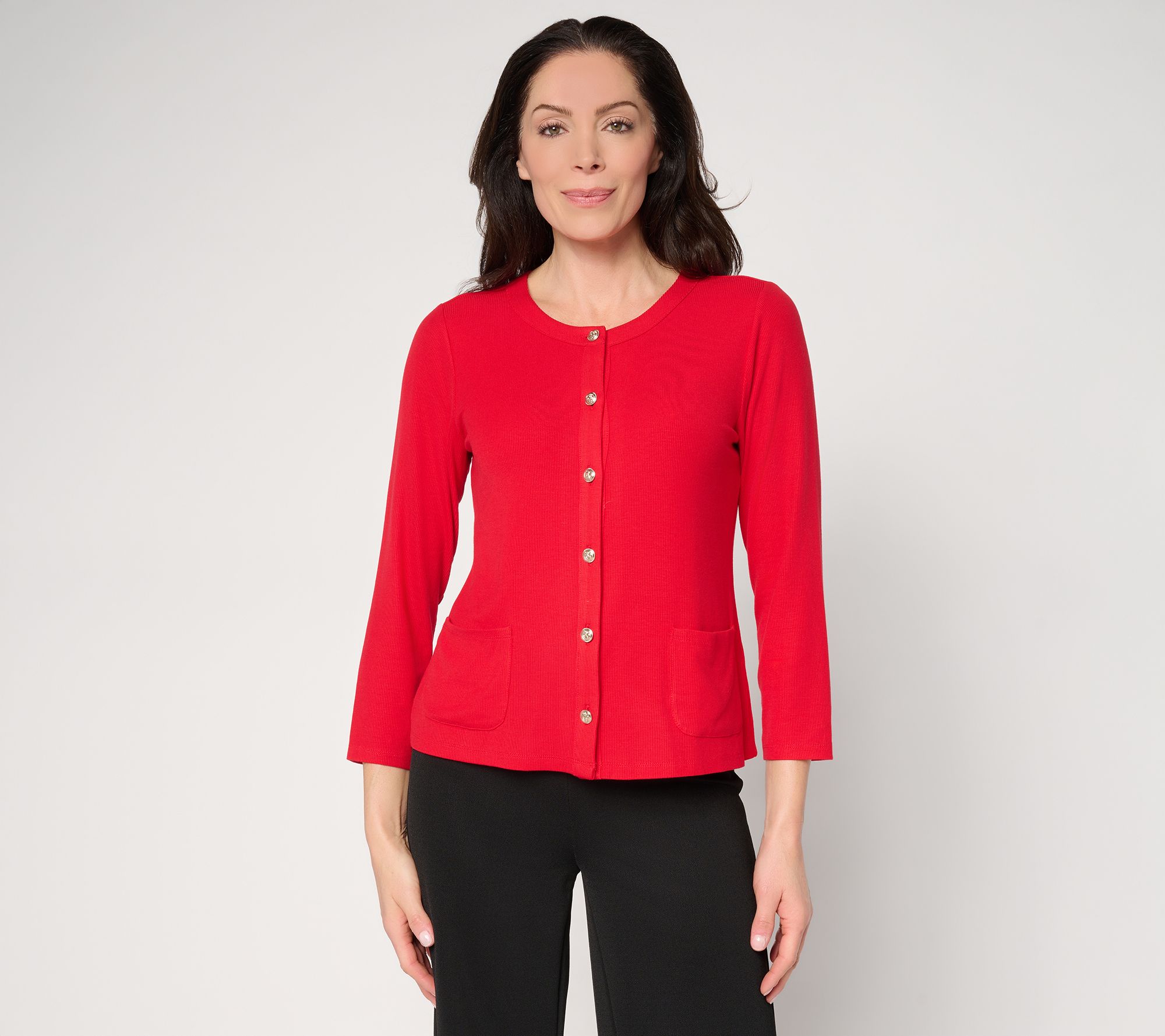 Susan Graver Rib Knit 3/4 Sleeve Button Front Cardigan