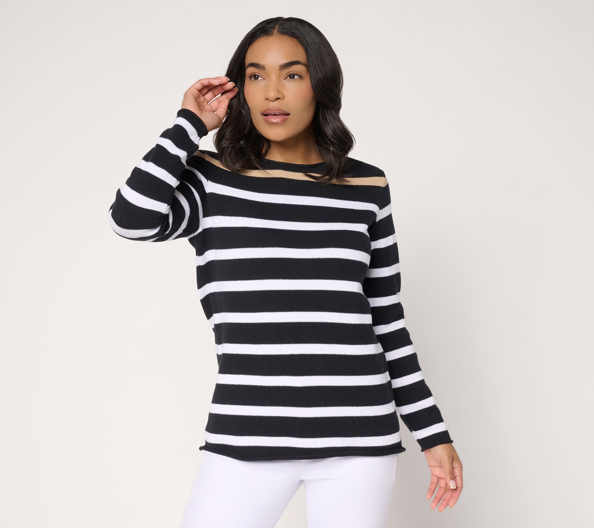 Denim & Co. Striped 100% Cotton Crew Neck Long Sleeve Sweater