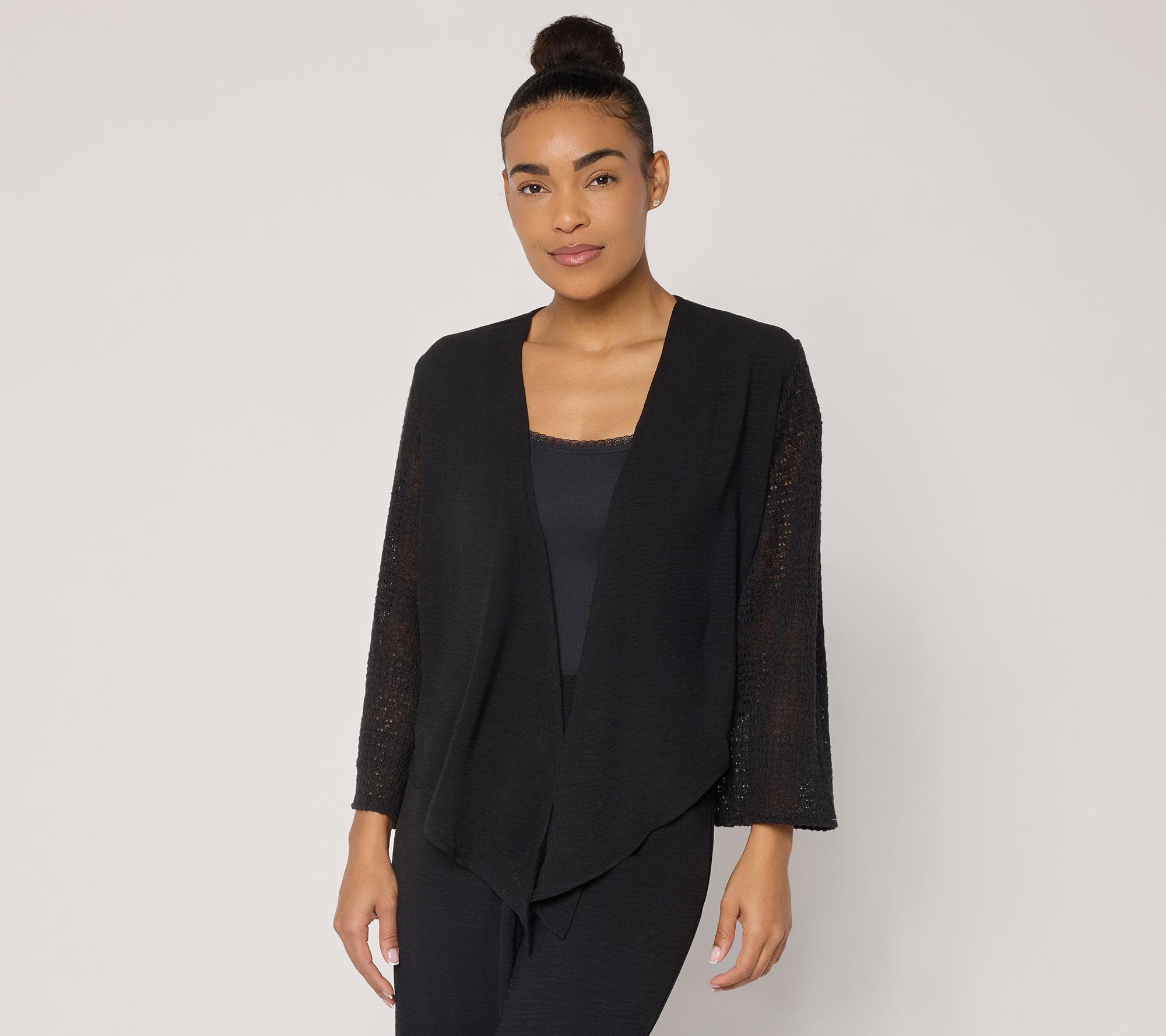 Susan Graver Weekend Woven Cardigan with Crochet Lace