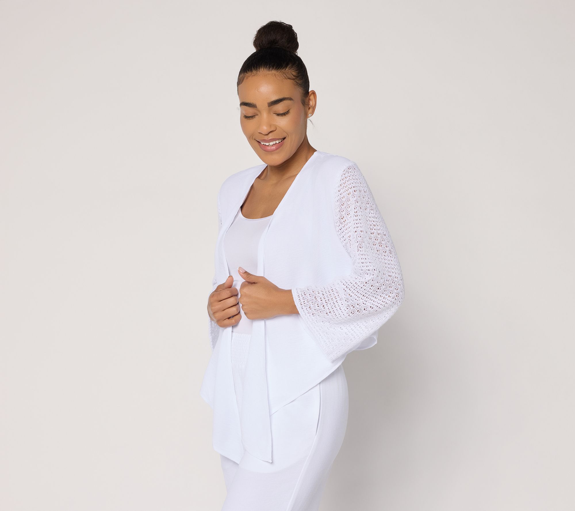 Susan Graver Weekend Woven Cardigan with Crochet Lace