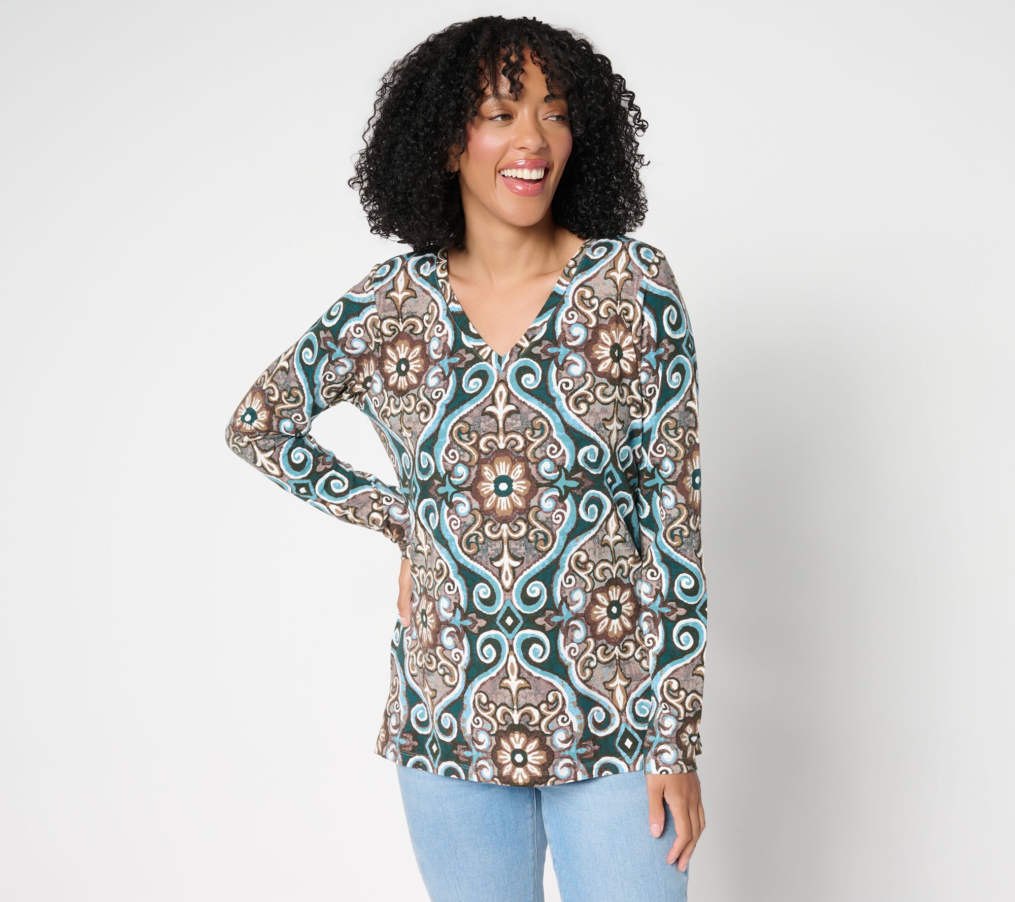 "As Is" Belle Boho by Kim Gravel Slub Knit Painted Medallion Top