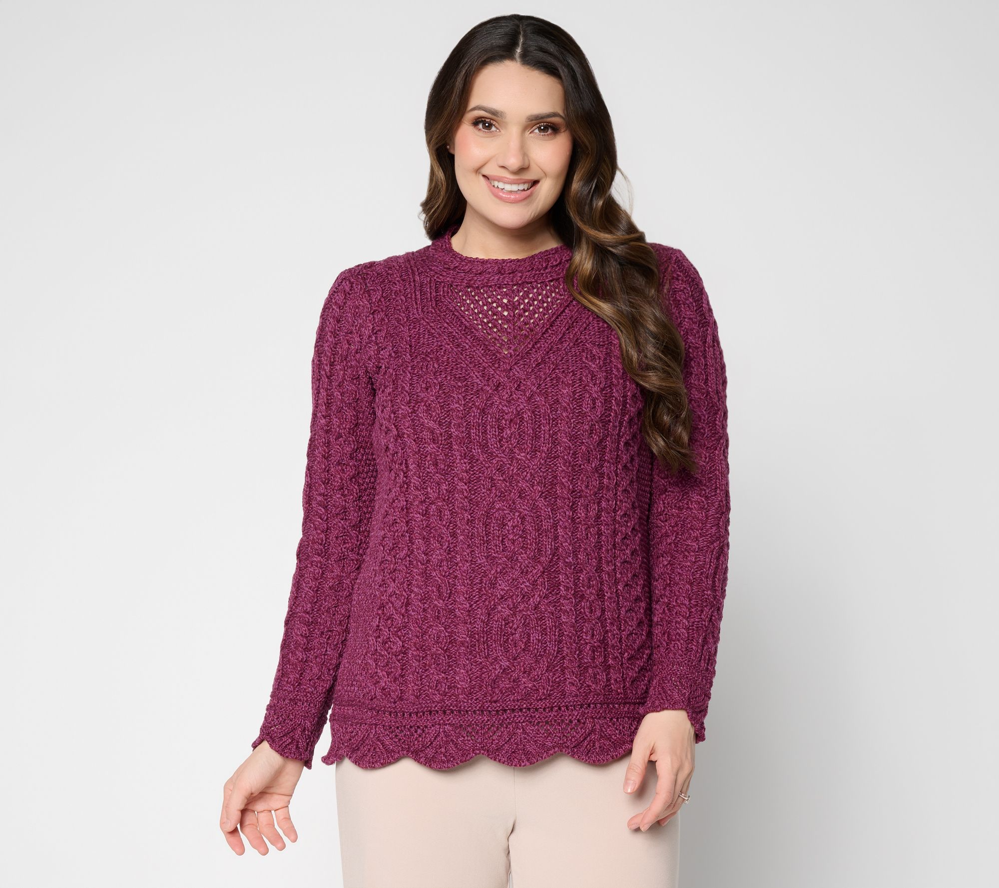 Aran Crafts Merino Wool Pullover Sweater w/ Scalloped Trim