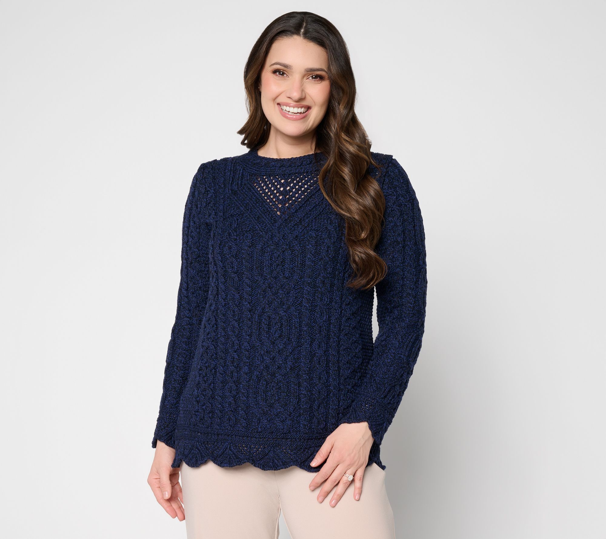 Aran Crafts Merino Wool Pullover Sweater w/ Scalloped Trim