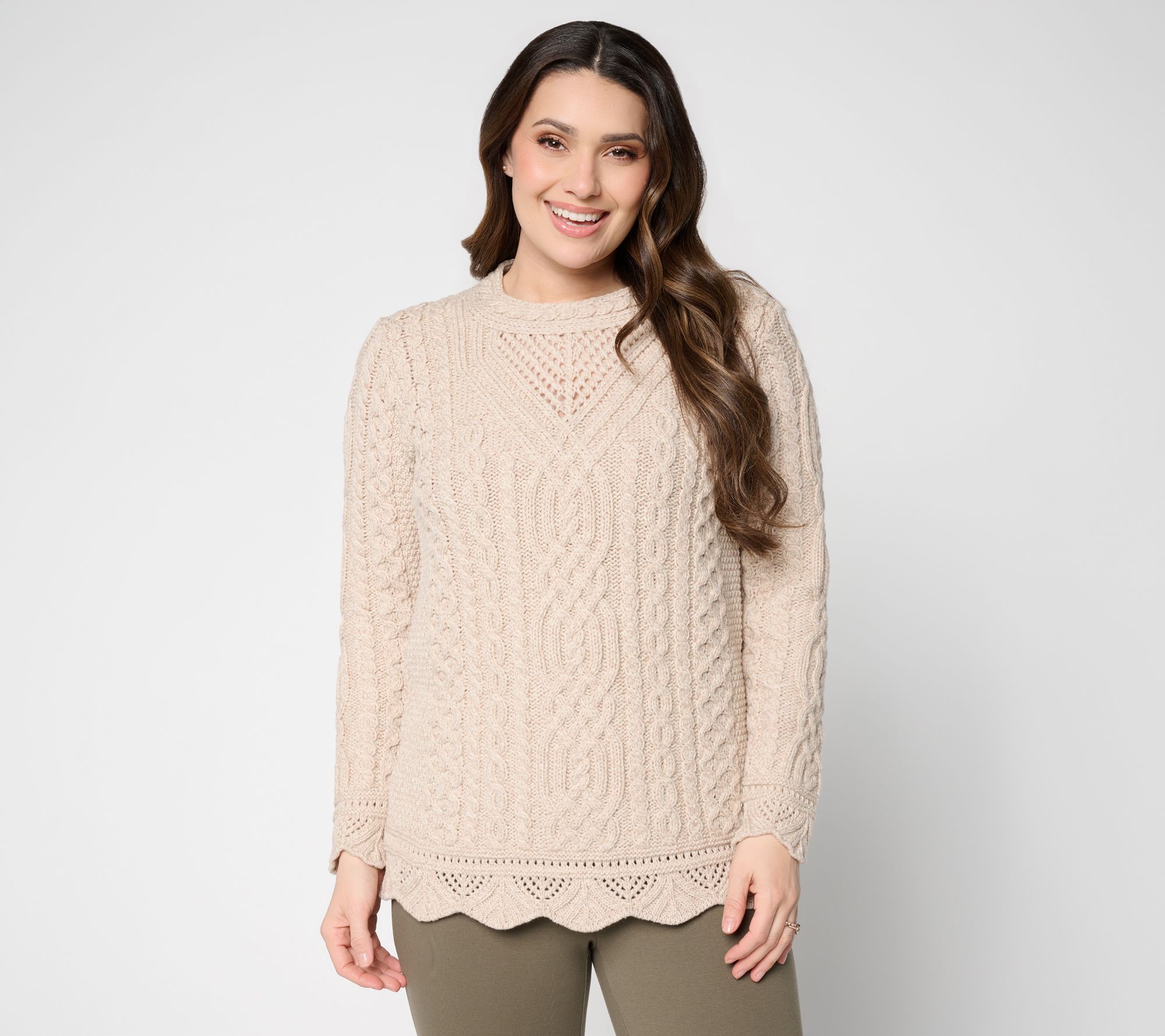 Aran Crafts Merino Wool Pullover Sweater w/ Scalloped Trim