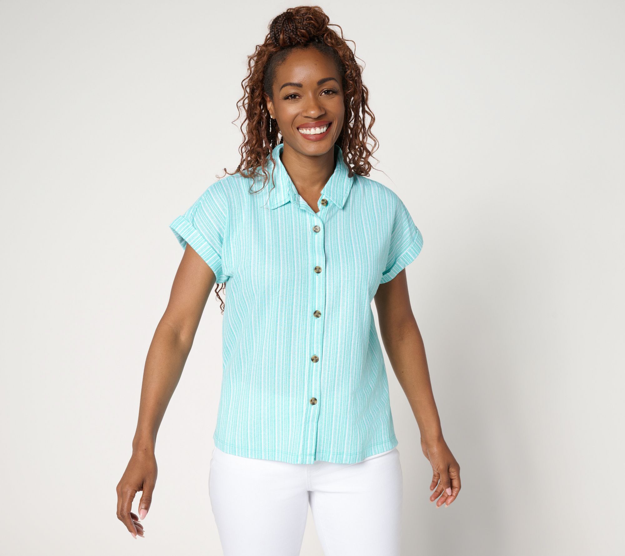 "As Is" Belle Beach by Kim Gravel Cabana Knit Stripe Camp Shirt