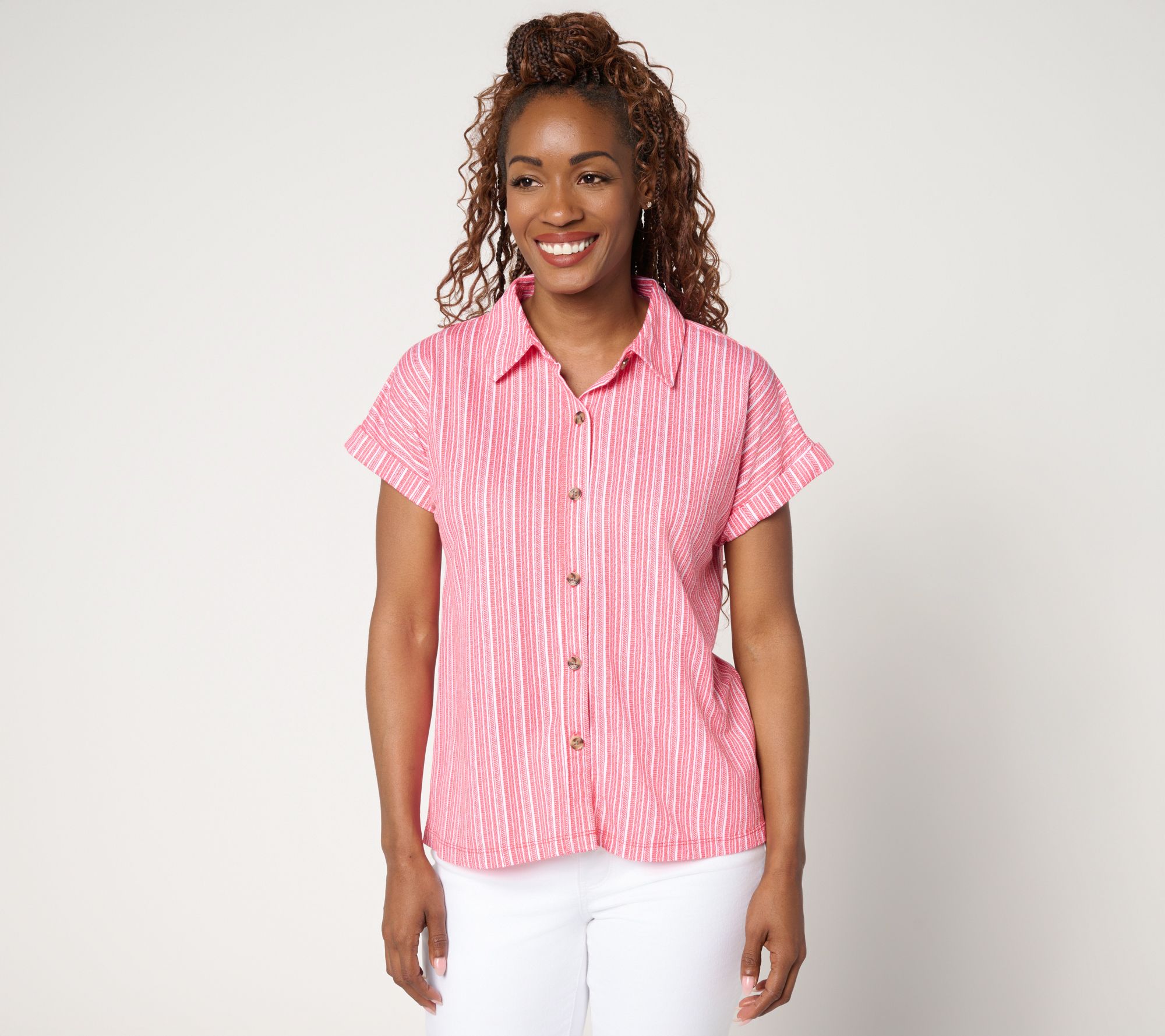 "As Is" Belle Beach by Kim Gravel Cabana Knit Stripe Camp Shirt