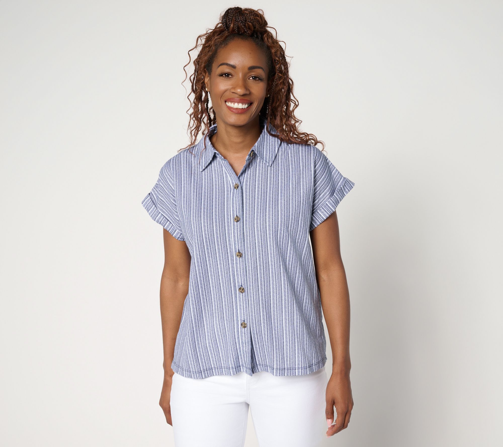 "As Is" Belle Beach by Kim Gravel Cabana Knit Stripe Camp Shirt