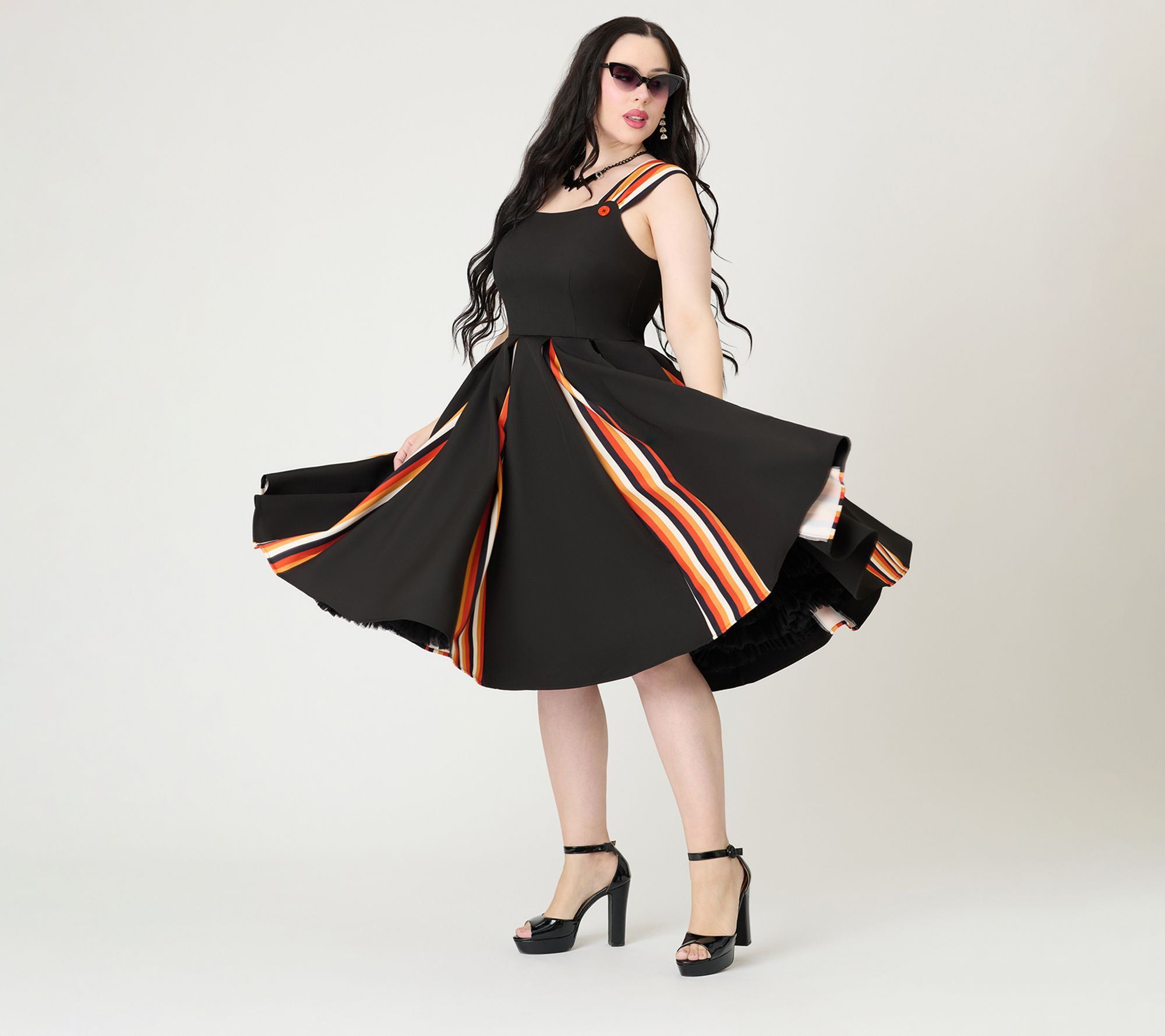 Unique Vintage Black Halloween Stripe Swing Dress