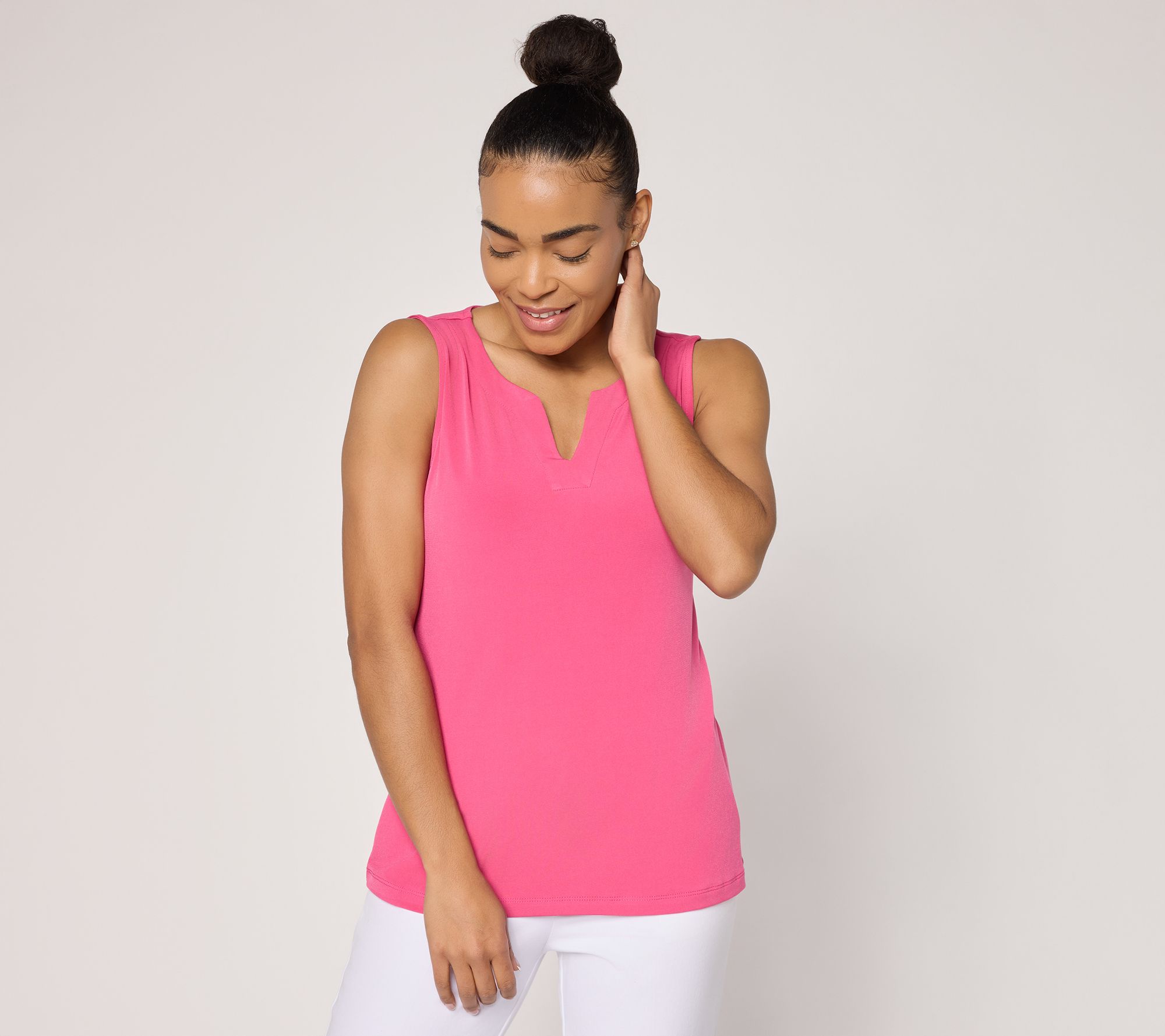 Susan Graver Sleeveeless Liquid Knit Sleeveless Split-Neck Top