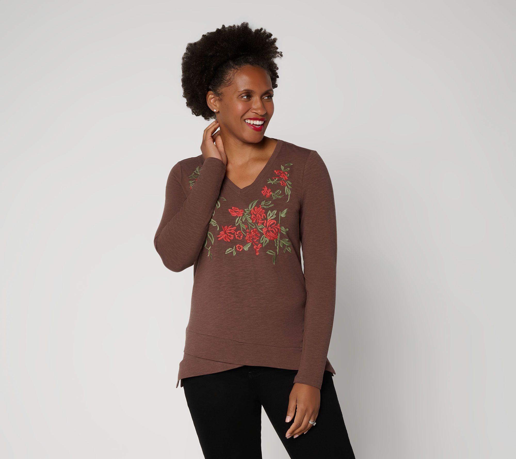 Belle Boho by Kim Gravel Slub Knit Rustic Road Embroidered Top