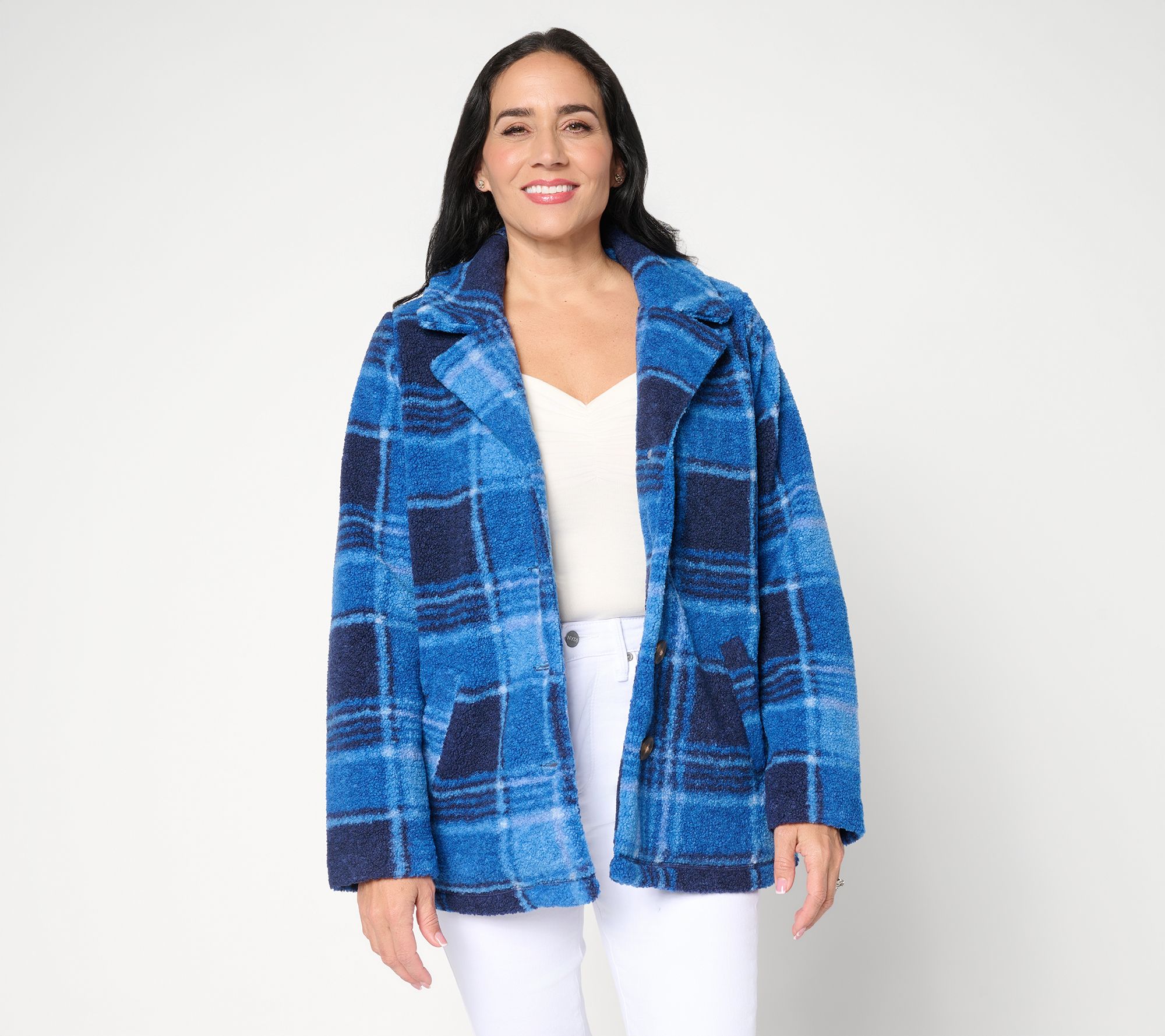 "As Is" Joan Rivers Petite Button Plaid Sherpa Jacket