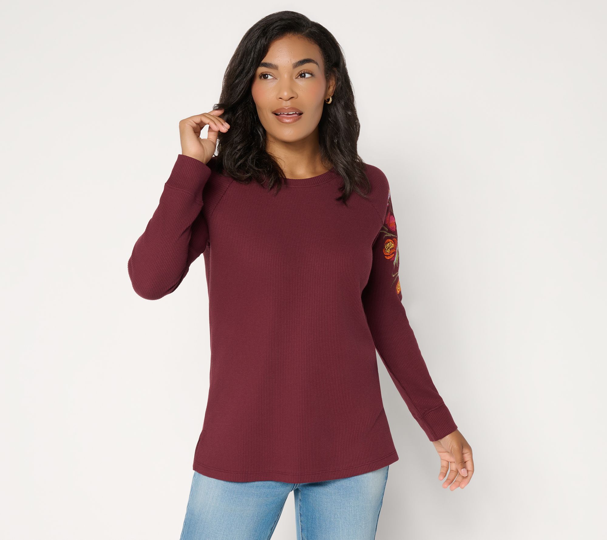 Belle Boho by Kim Gravel Micro Waffle Maple Embroidered Top