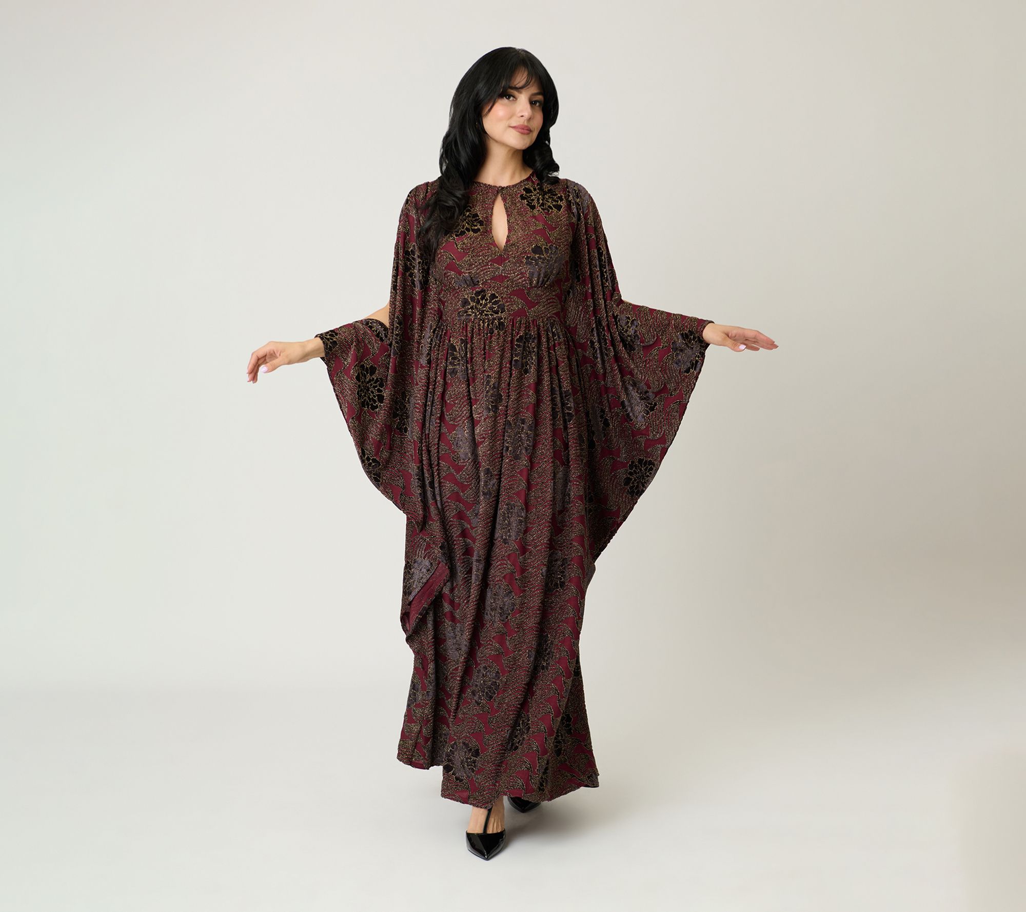 Unique Vintage Burgundy Floral Velvet Flutter Sleeve Caftan