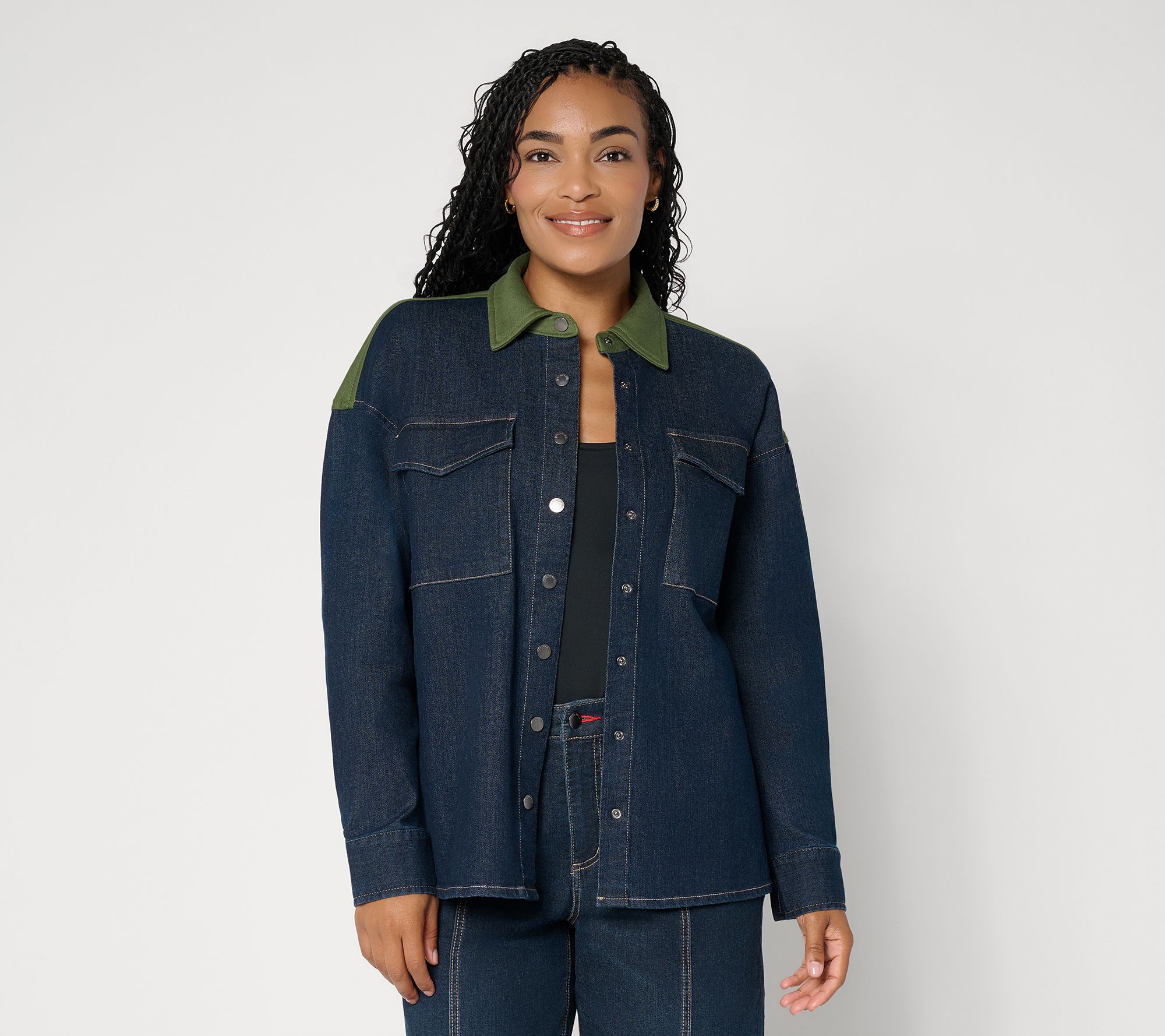 Peace Love World Mixed Media Button Front Denim Shacket