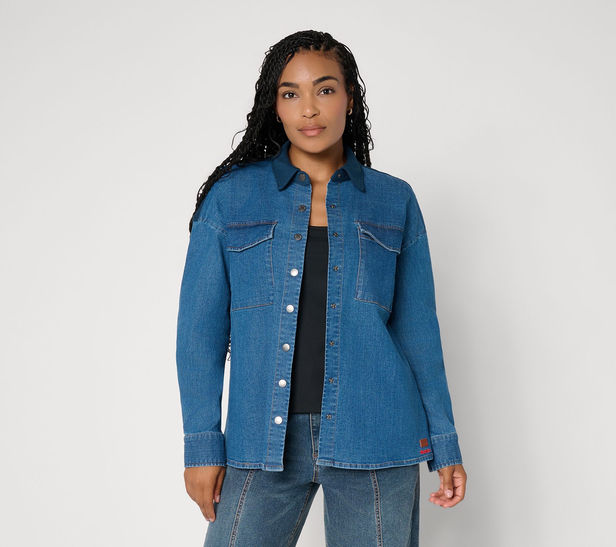 Peace Love World Mixed Media Button Front Denim Shacket