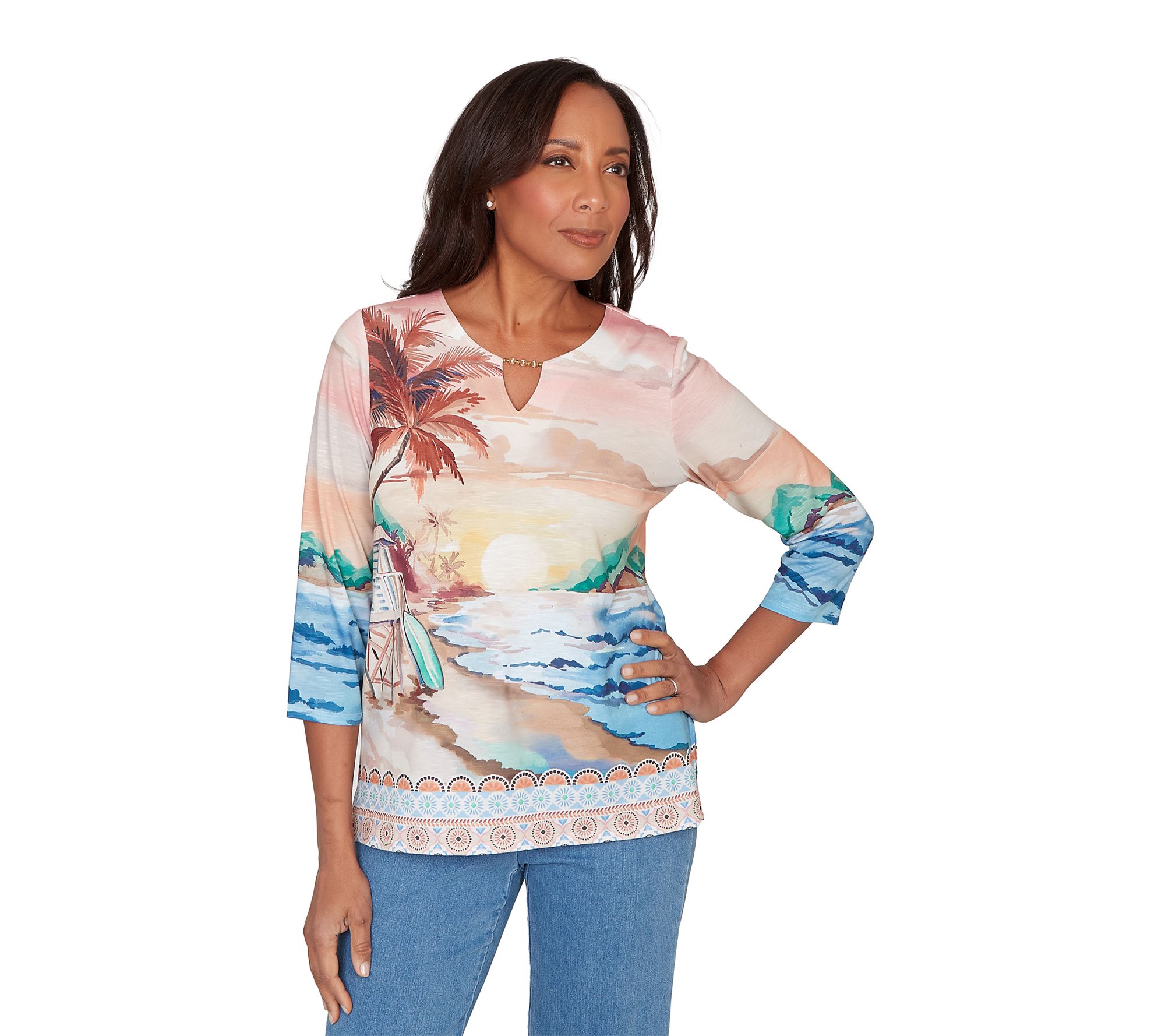  Alfred Dunner Women's Sunset Beach Scenic SplitNeck Top
