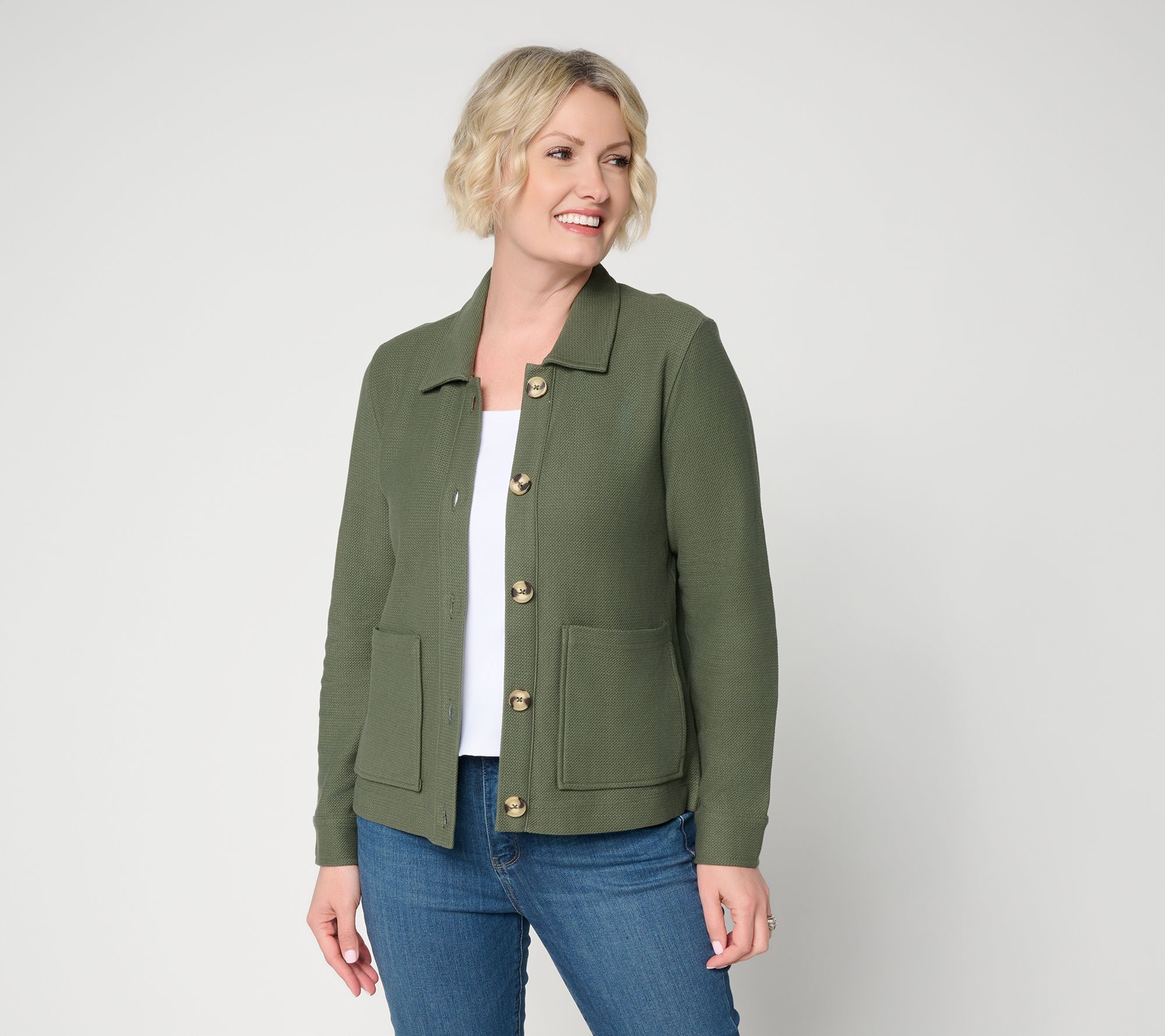 "As Is" Denim & Co. Knit Terry Button Front Jacket w/ Pockets