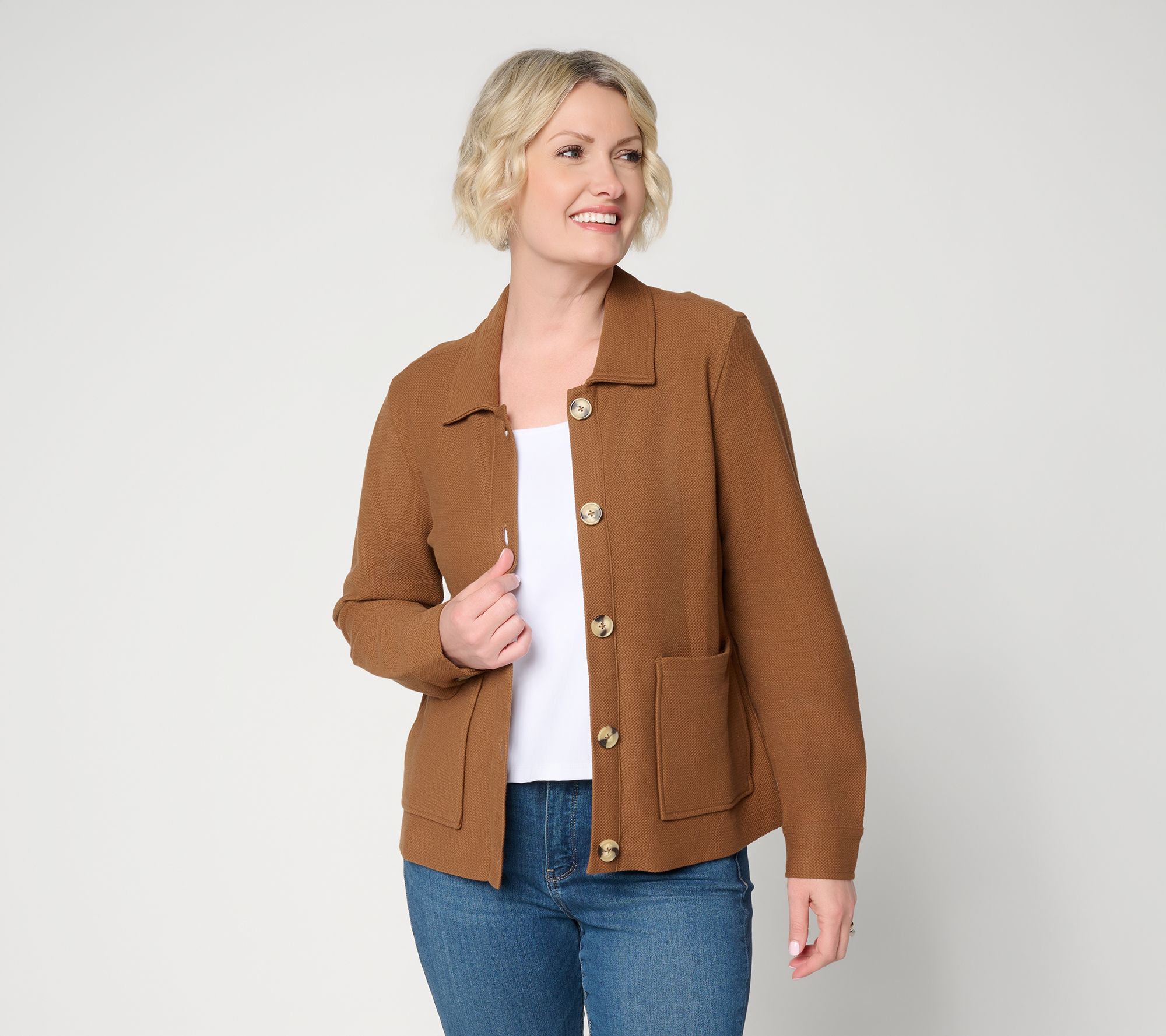 "As Is" Denim & Co. Knit Terry Button Front Jacket w/ Pockets