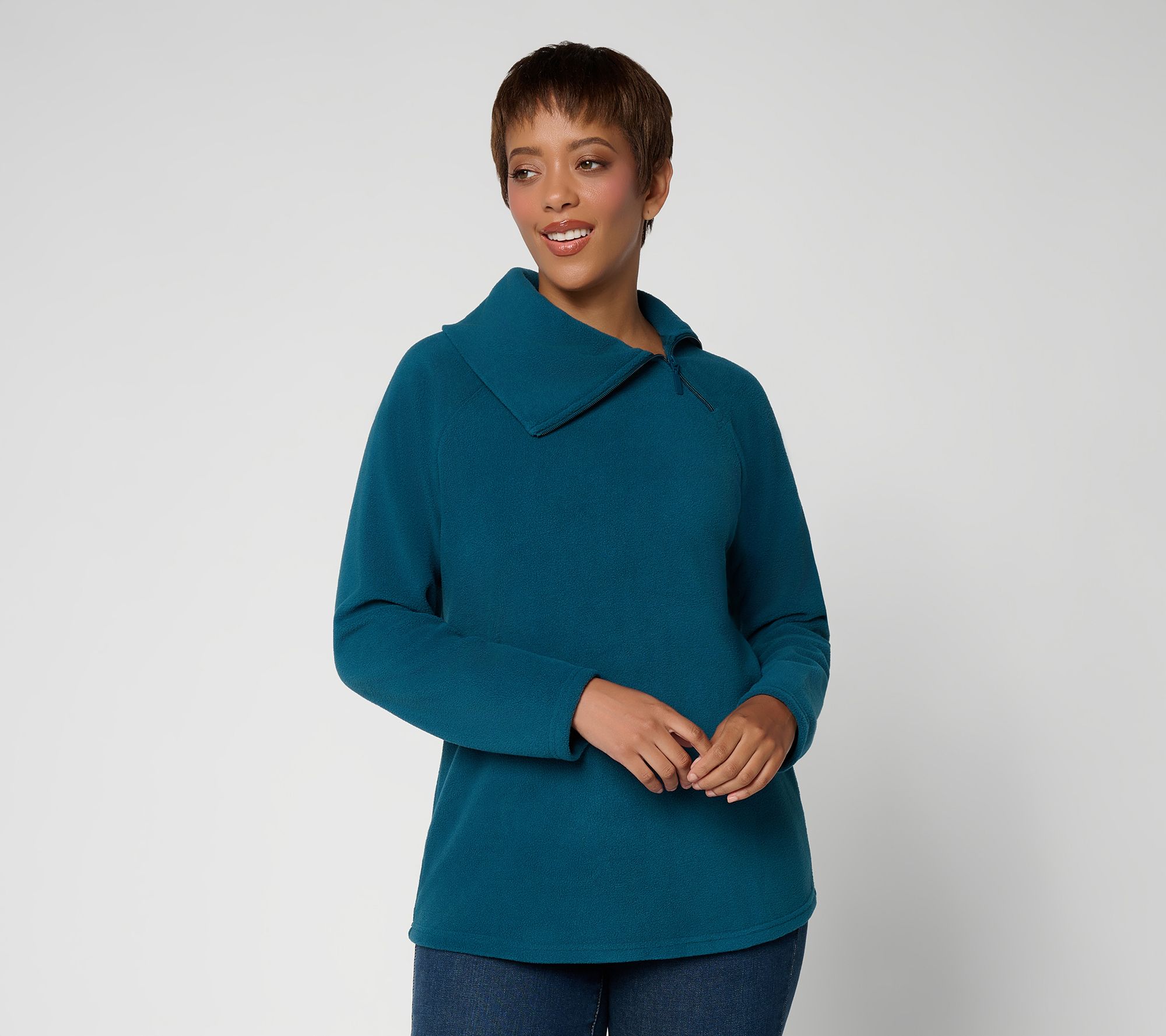 Denim & Co. Active Fleece Mock Neck Top w/ Zip Detail