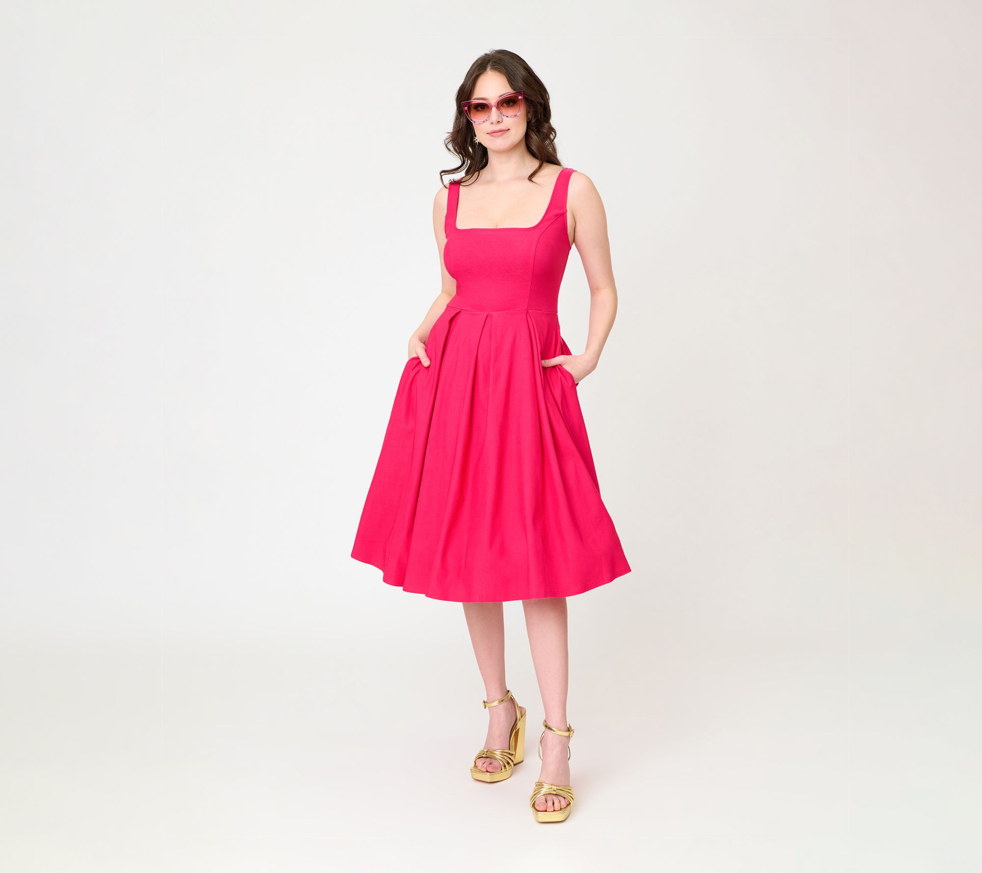 Unique Vintage Hot Pink Square Neck Pleated Swing Dress