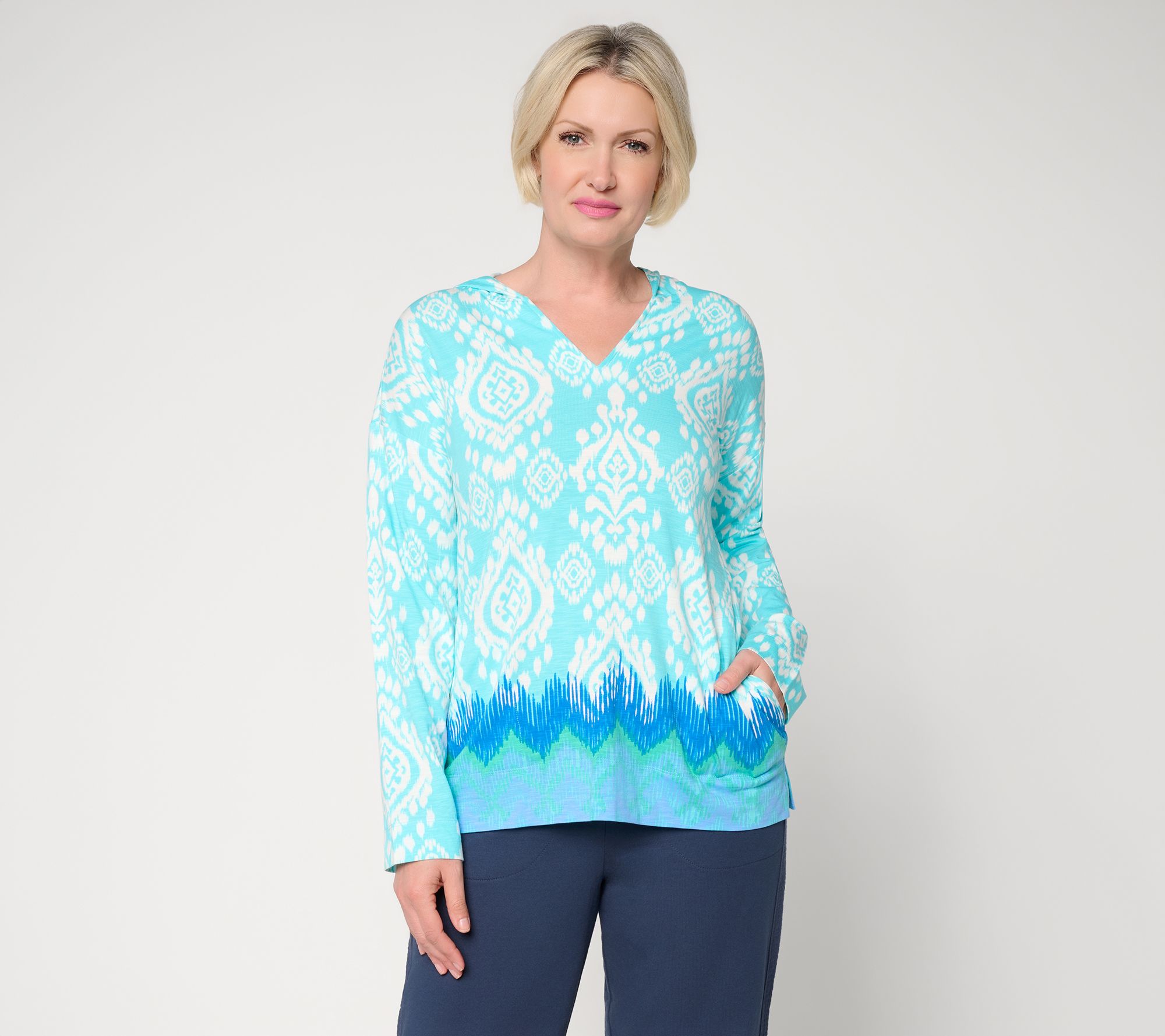 "As Is" Belle Beach by Kim Gravel Slub Knit Ocean Ikat Print Hoodie