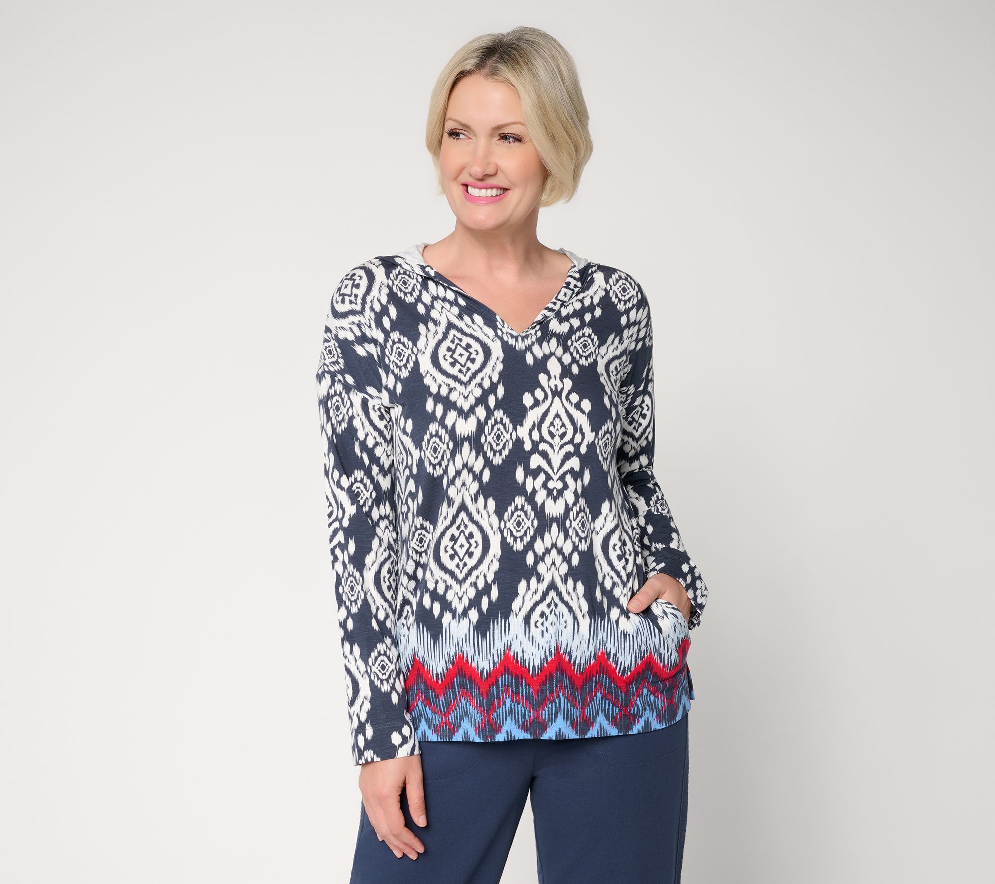 "As Is" Belle Beach by Kim Gravel Slub Knit Ocean Ikat Print Hoodie