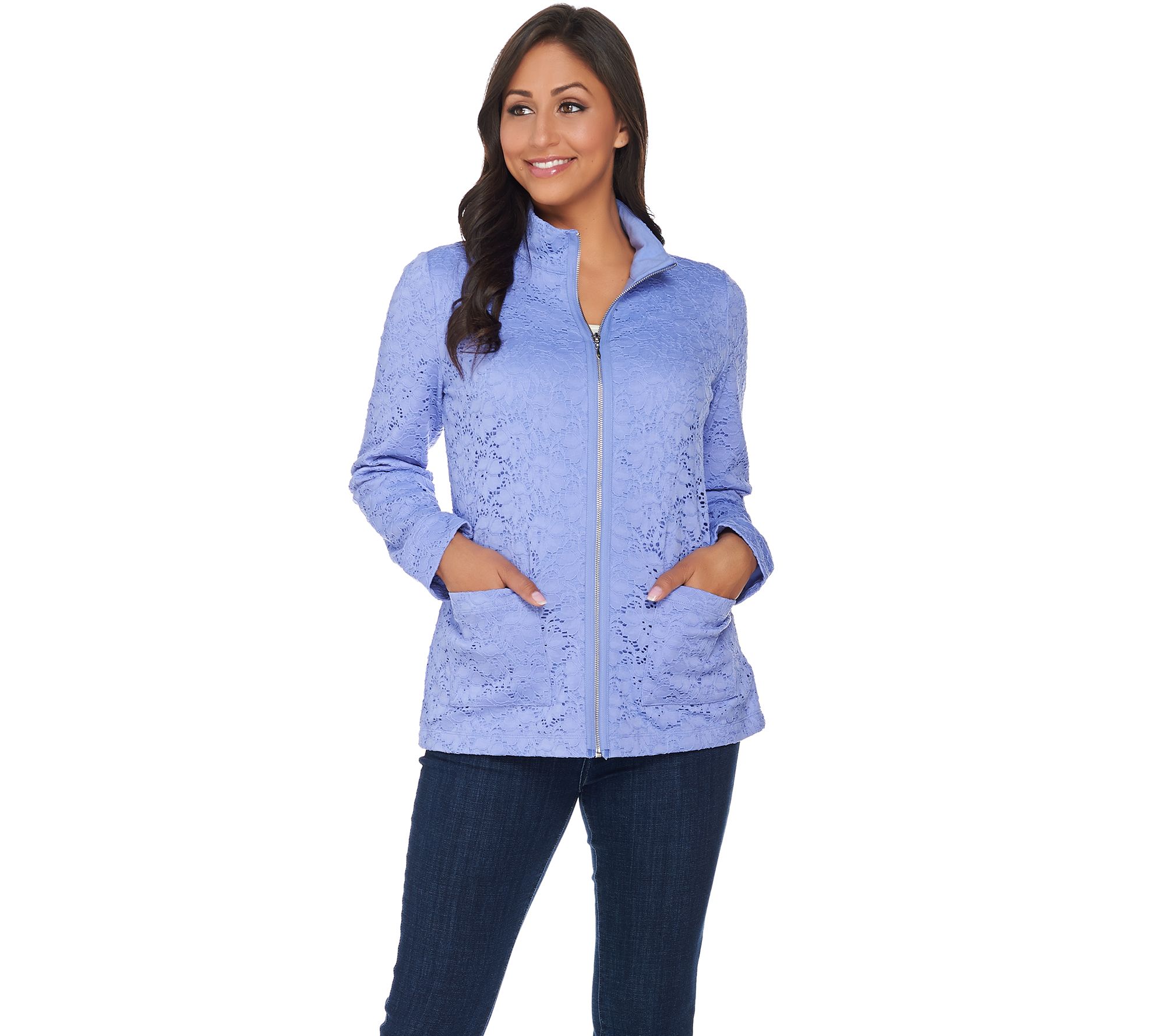 Denim & Co. Long Sleeve Lace Zip Front Jacket - QVC.com