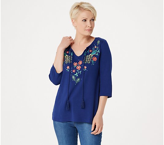 Quacker Factory Bohemian Floral Knit Top With Tassel Detail