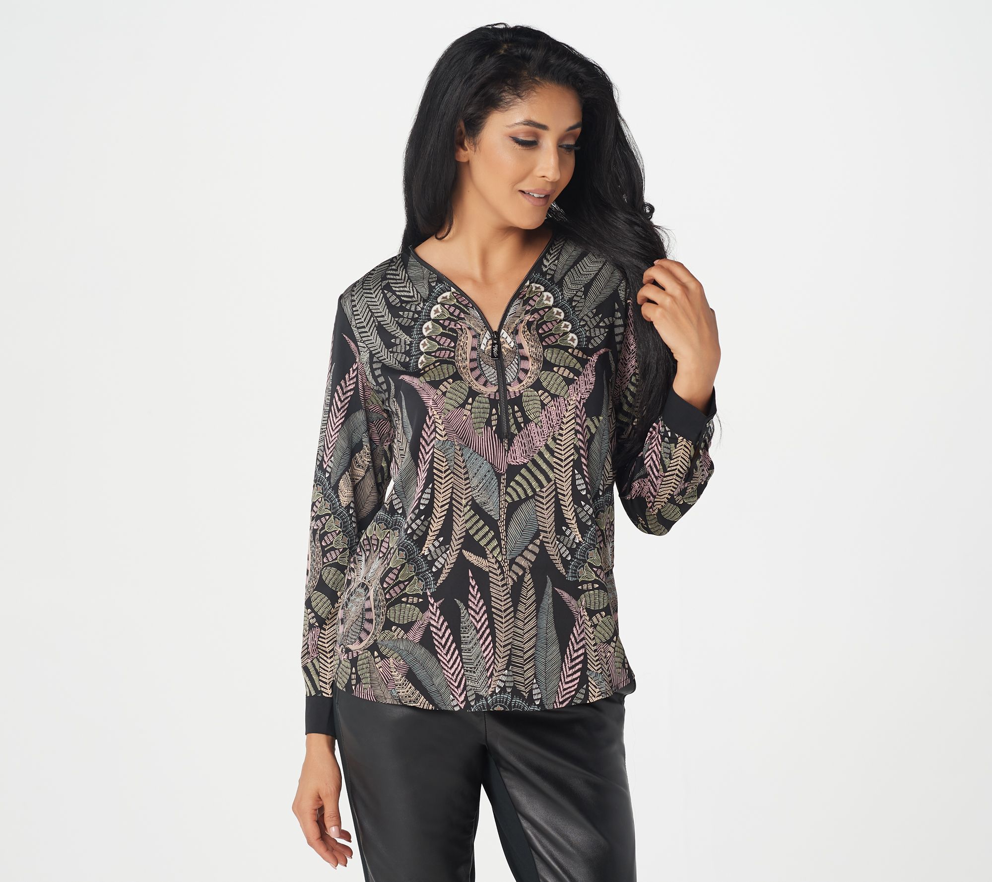 Bob Mackie Tribal Feather Print Woven Top - A366545