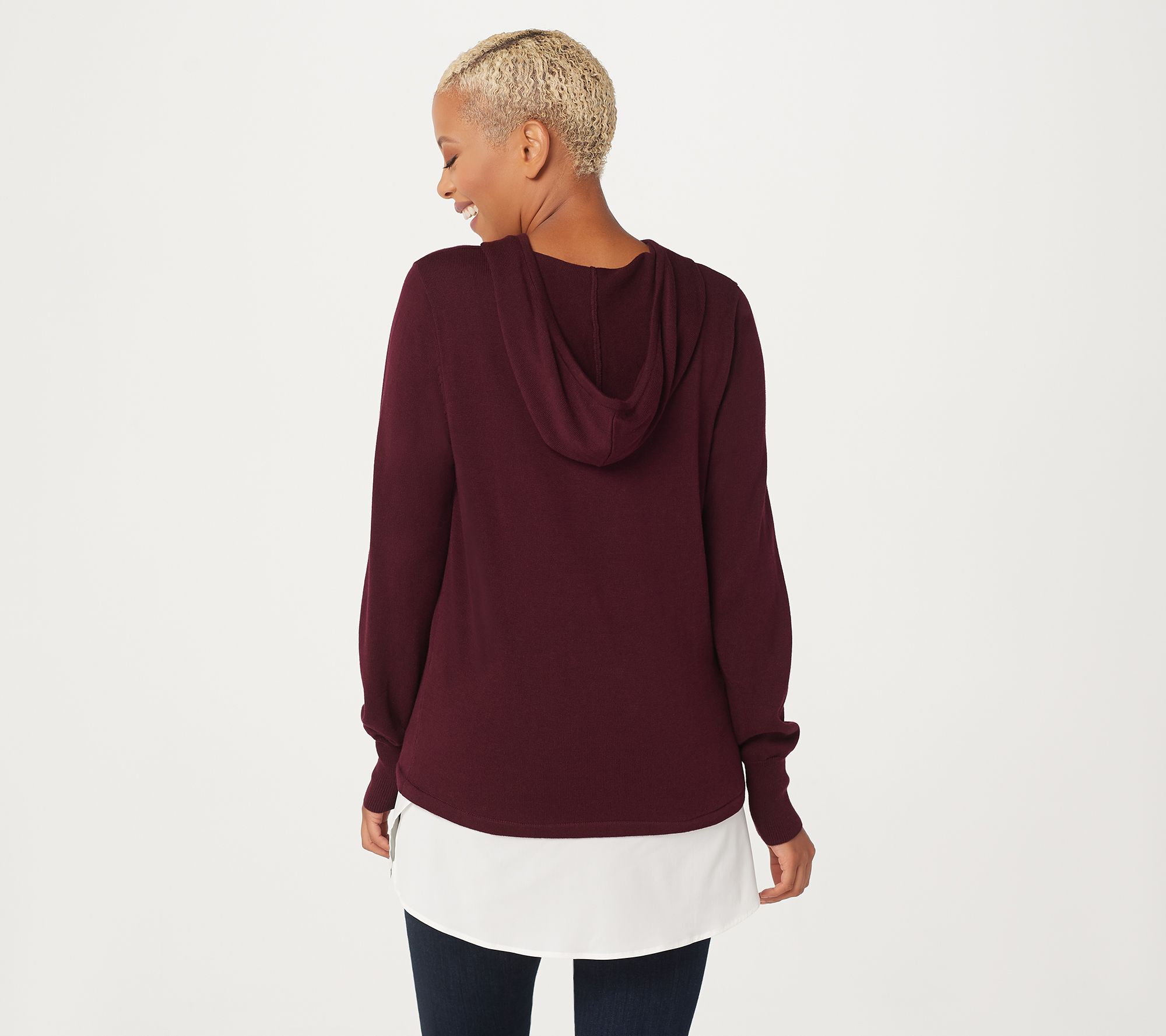 Susan Graver Cotton Rayon Hooded Sweater with Woven Combo Trim