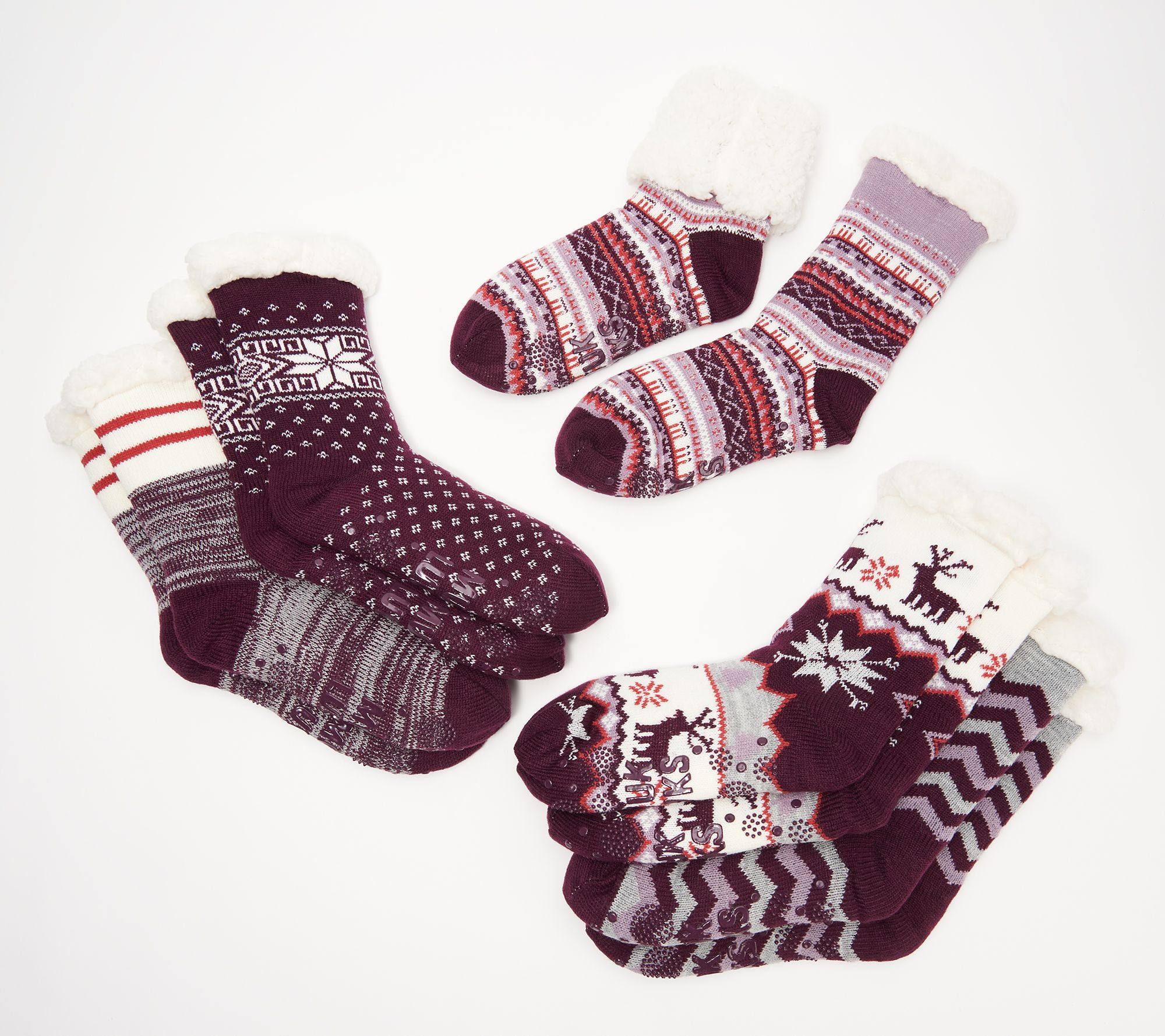 (QVC) MUK LUKS Jojoba Infused Faux Shearling Cabin Socks Set of 5 Pairs ...