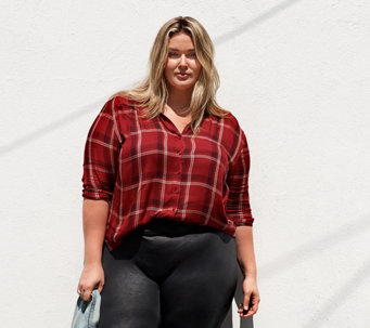 "As Is" All Worthy Hunter McGrady Plaid Button Front Yarn Dye Top - A384445
