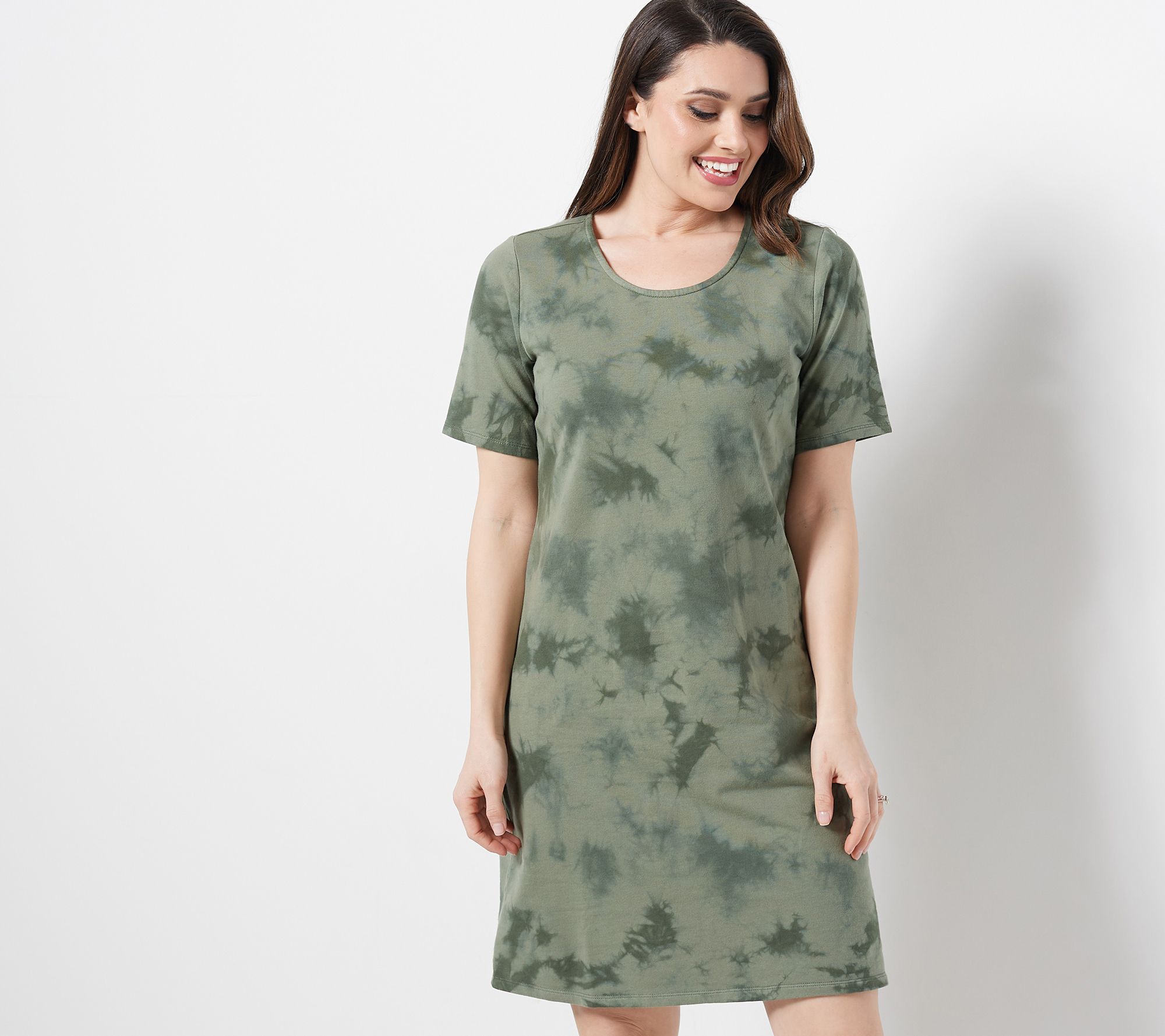 Denim & Co. Petite French Terry Crystal Wash Tie-Dye T-Shirt Dress
