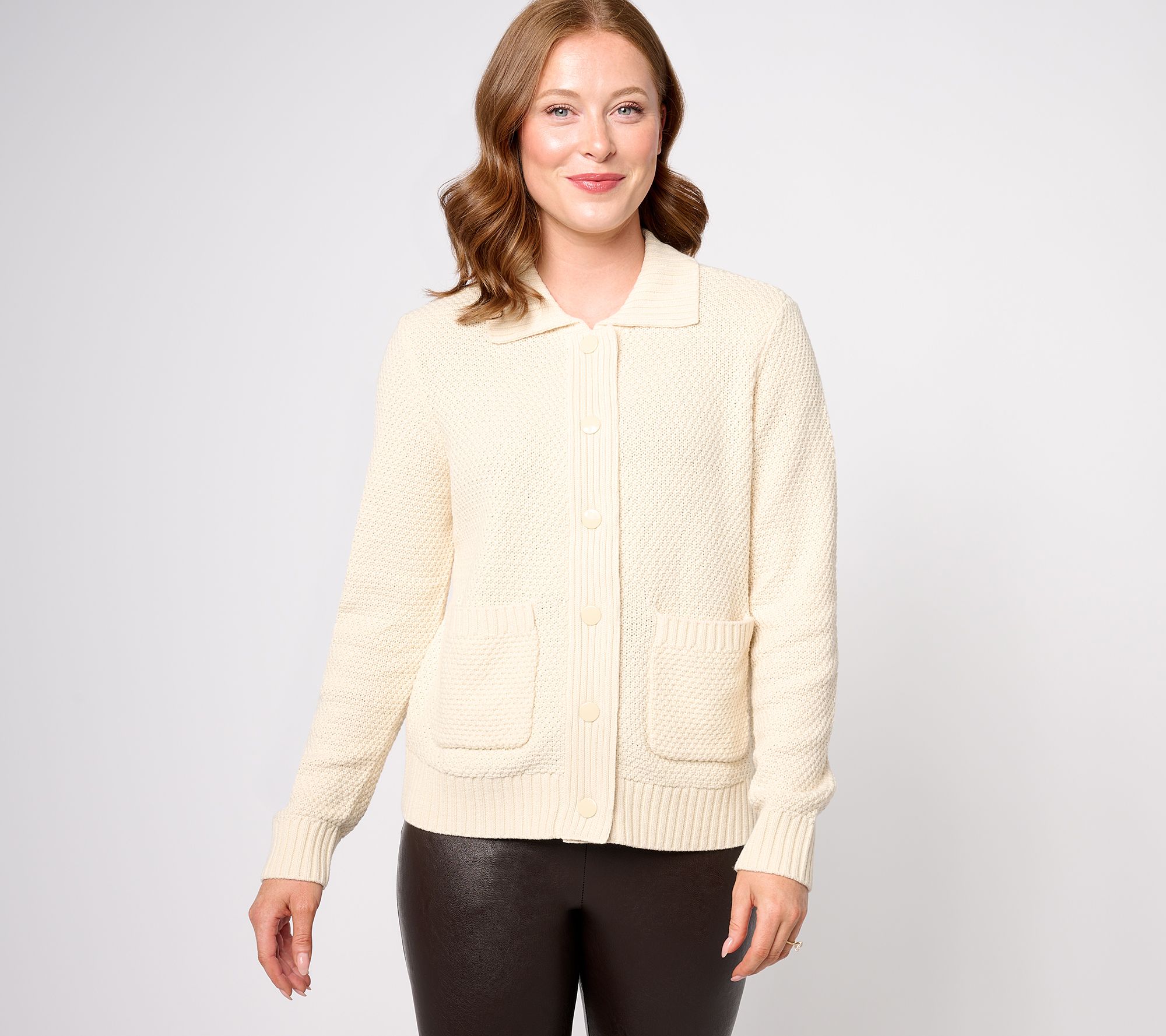 Girl With Curves Novelty Yarn Button Front Long Sleeve Cardigan - QVC.com