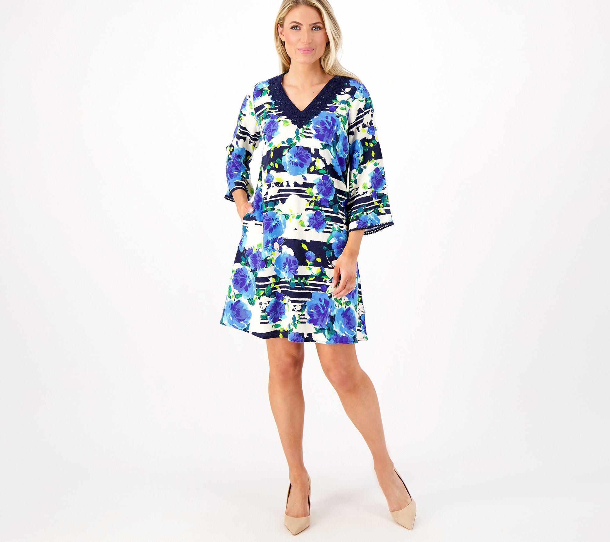 "As Is" Isaac Mizrah Live Regular Printed Stretch Linen A-Line Dress