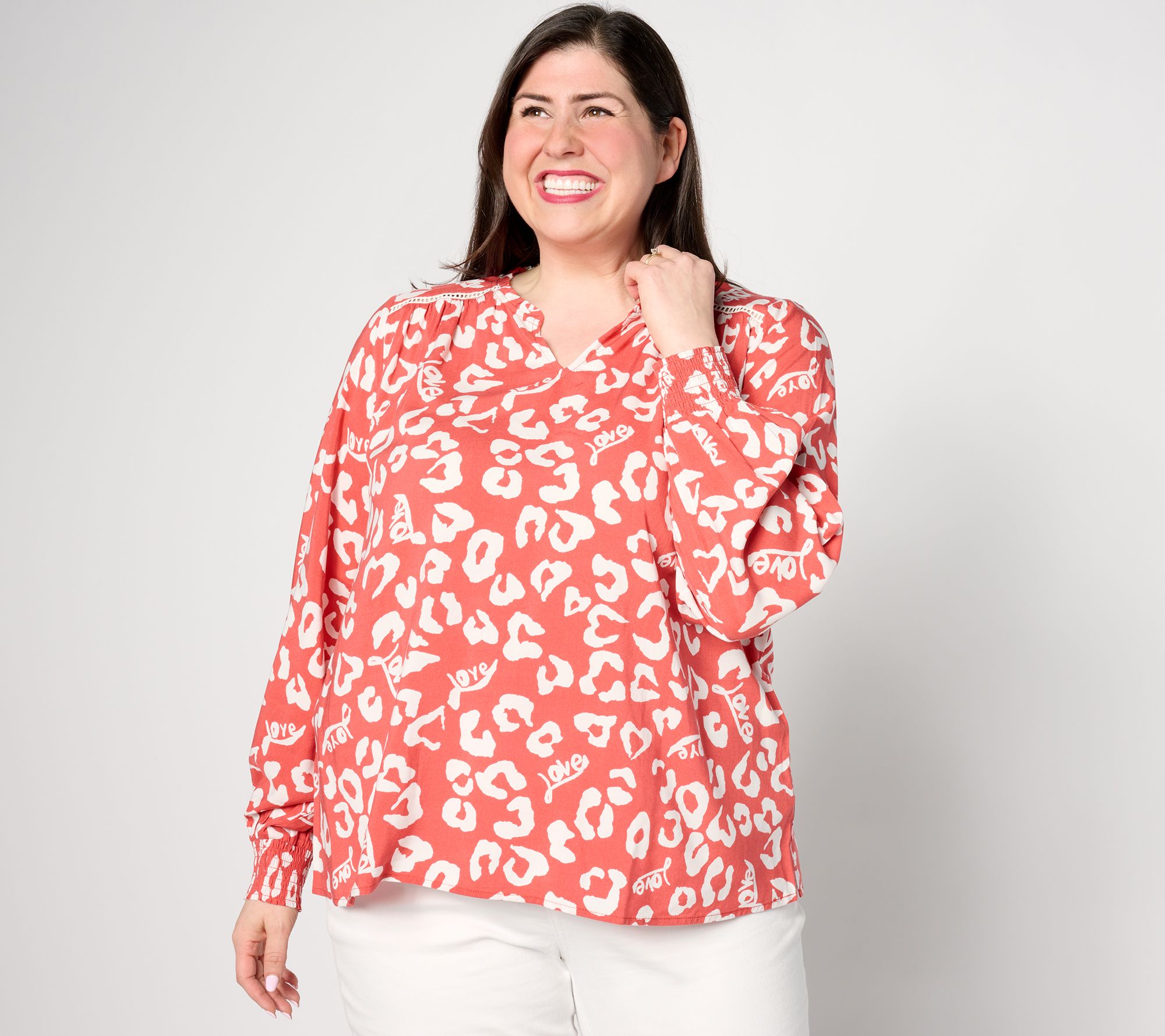 Denim & Co. Valentine's Day Printed Blouse w/ Smocked Cuff