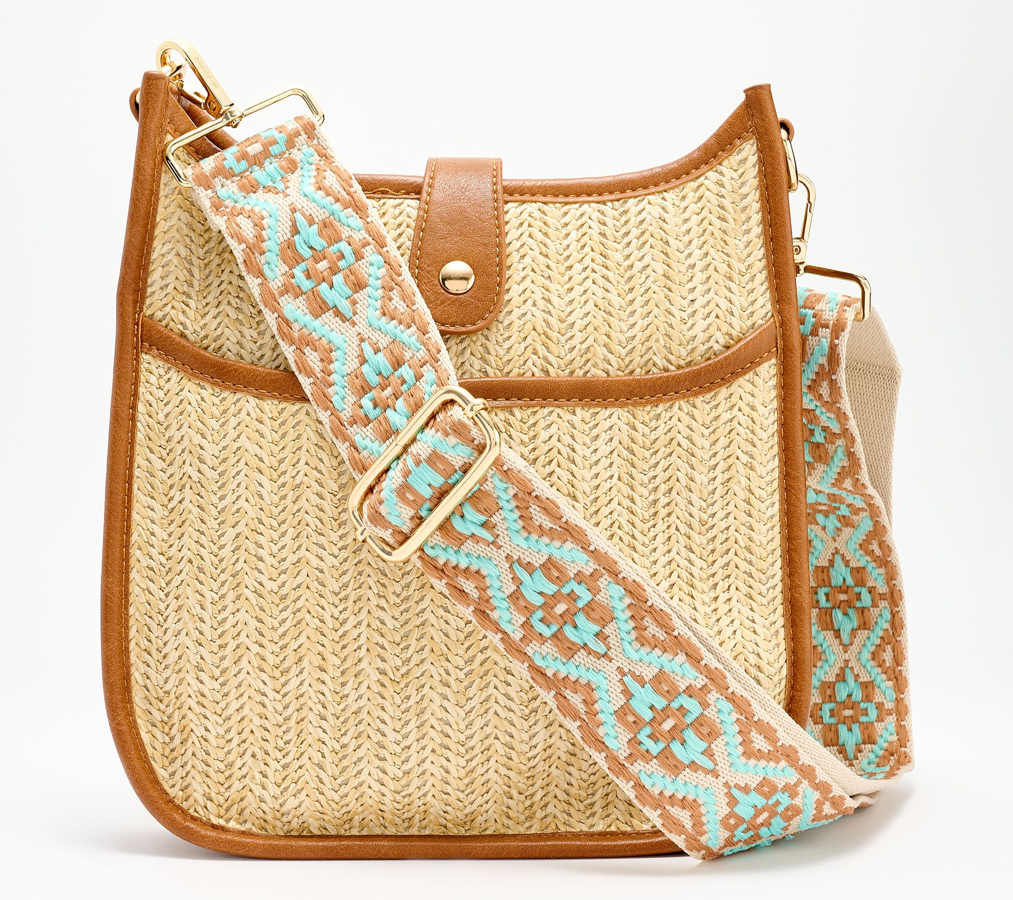 As Is AHDORNED Raffia Tab Messenger withPrinted Strap