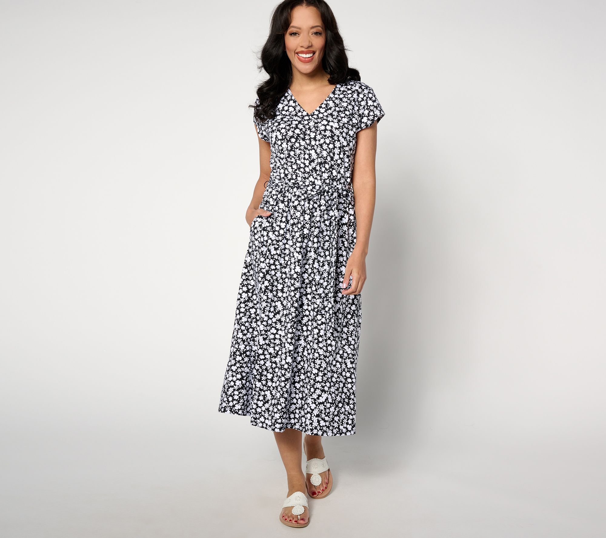 Denim & Co. Petite Favorite Jersey Faux Wrap Cap Slv Midi Dress