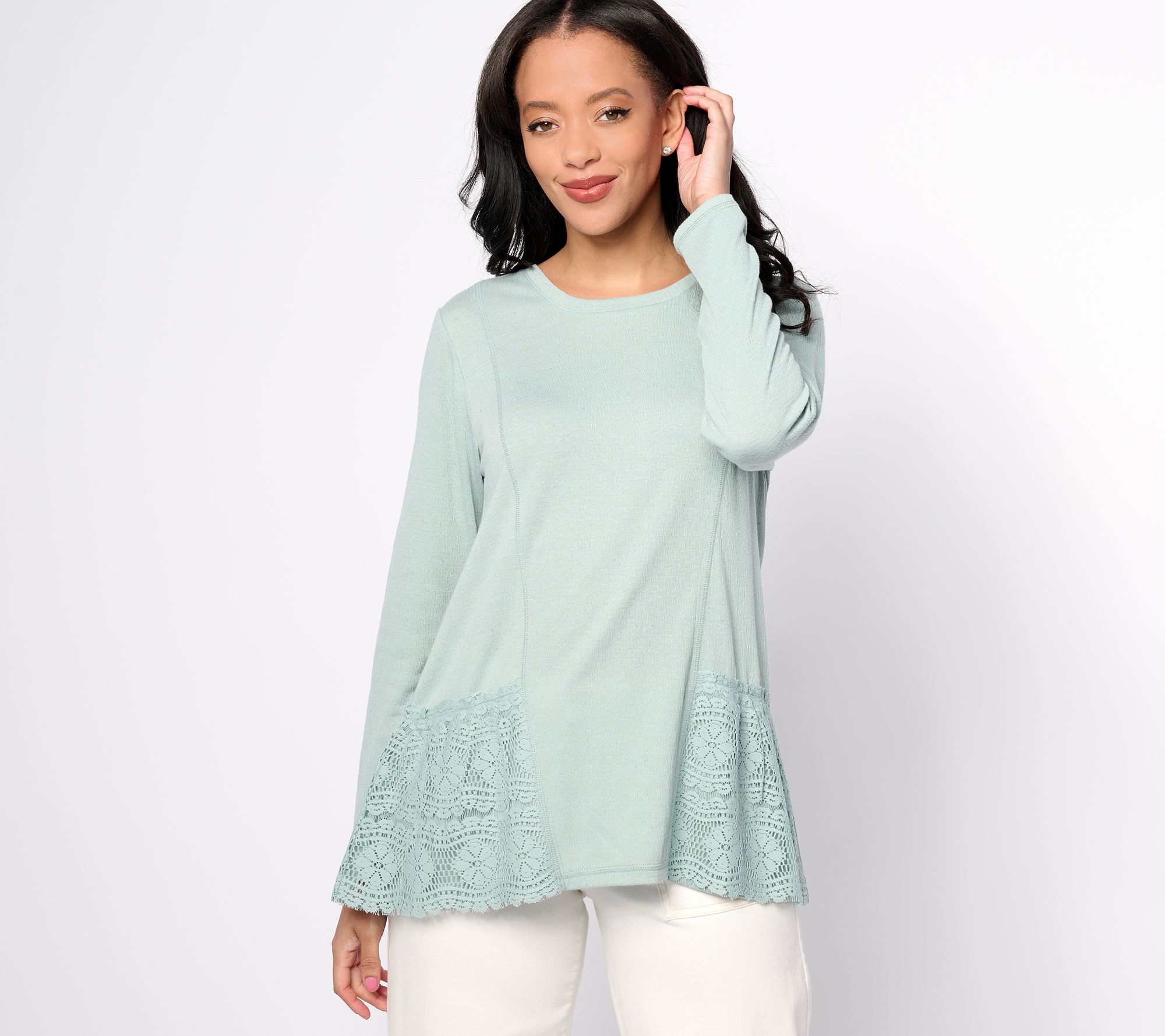 LOGO Linens by Lori Goldstein Scoop Neck Knit Top with Crochet Lace ...