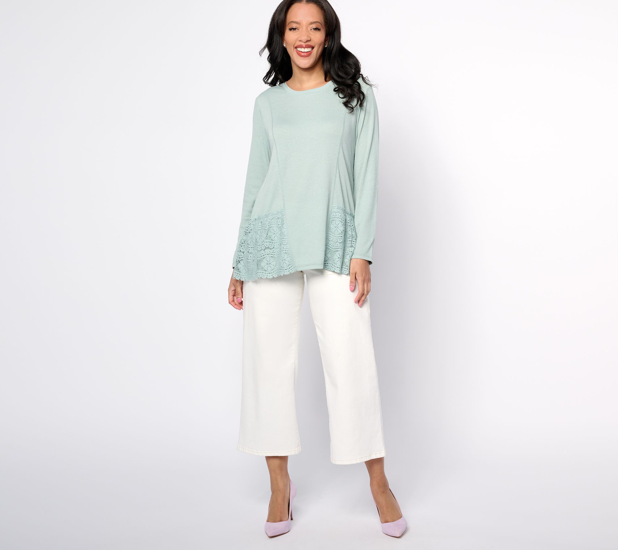 LOGO Linens by Lori Goldstein Scoop Neck Knit Top with Crochet Lace ...