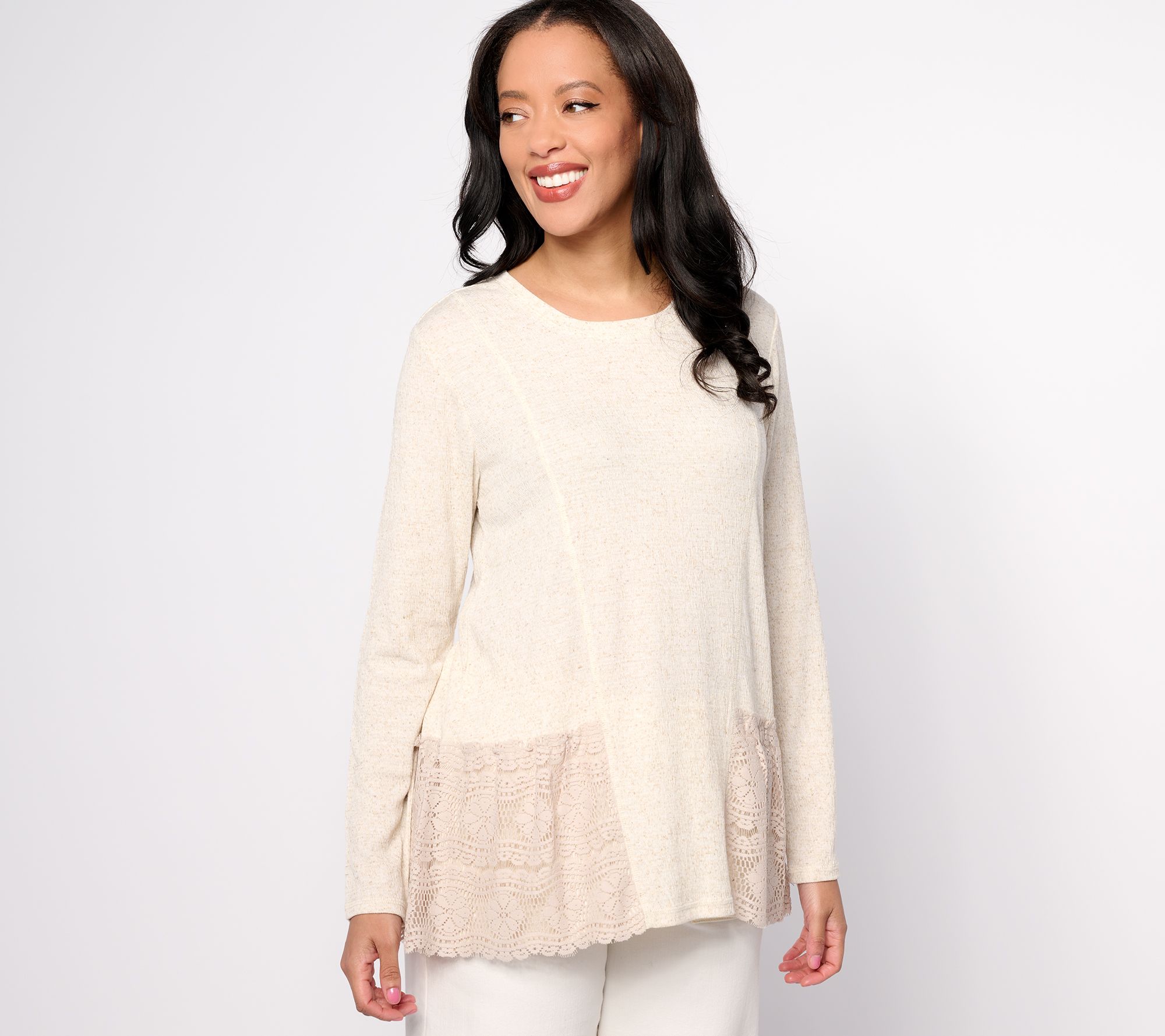 LOGO Linens by Lori Goldstein Scoop Neck Knit Top with Crochet Lace