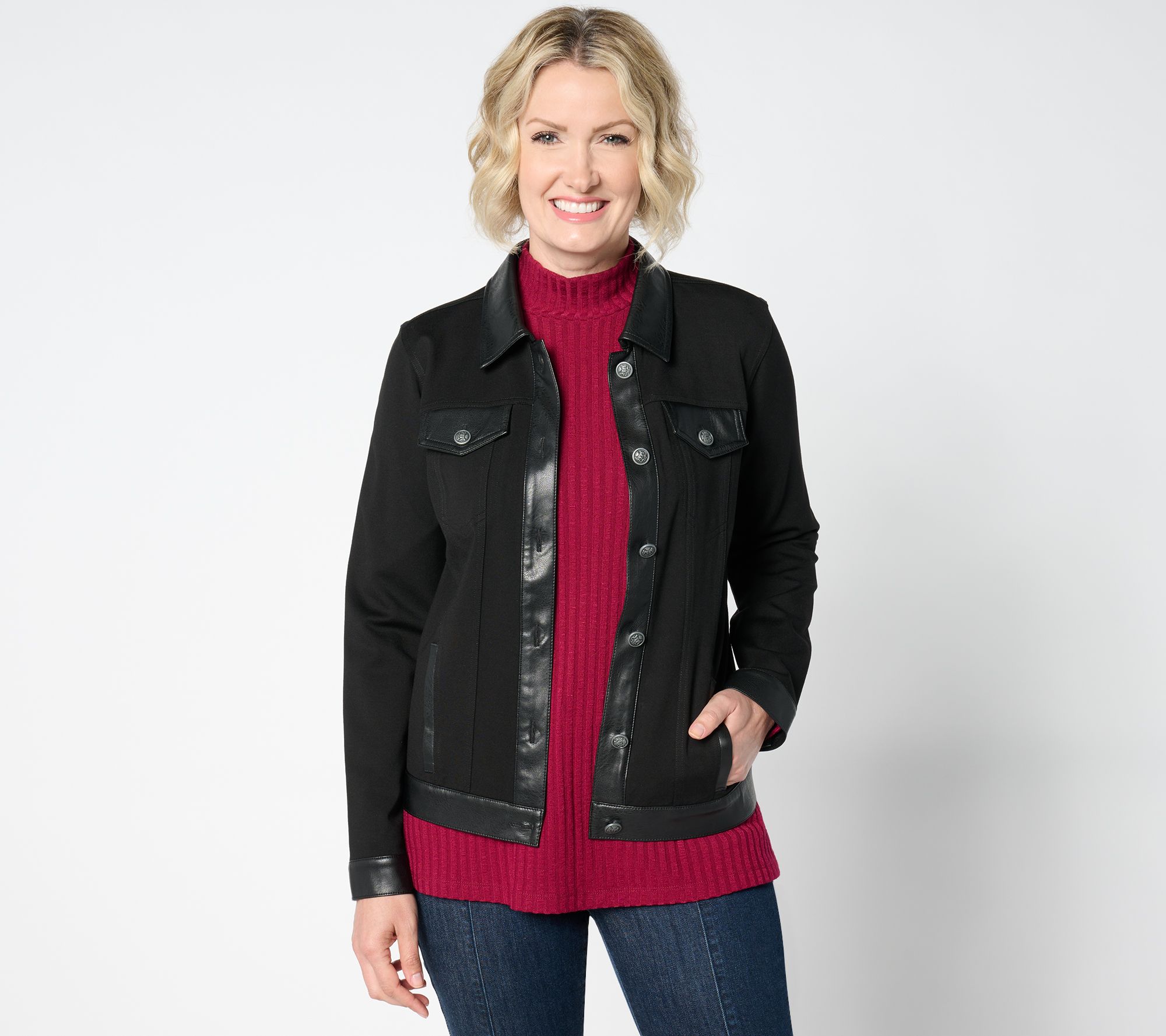GRAVER Susan Graver Smart Ponte 350 Jacket w/ Faux Leather Combo