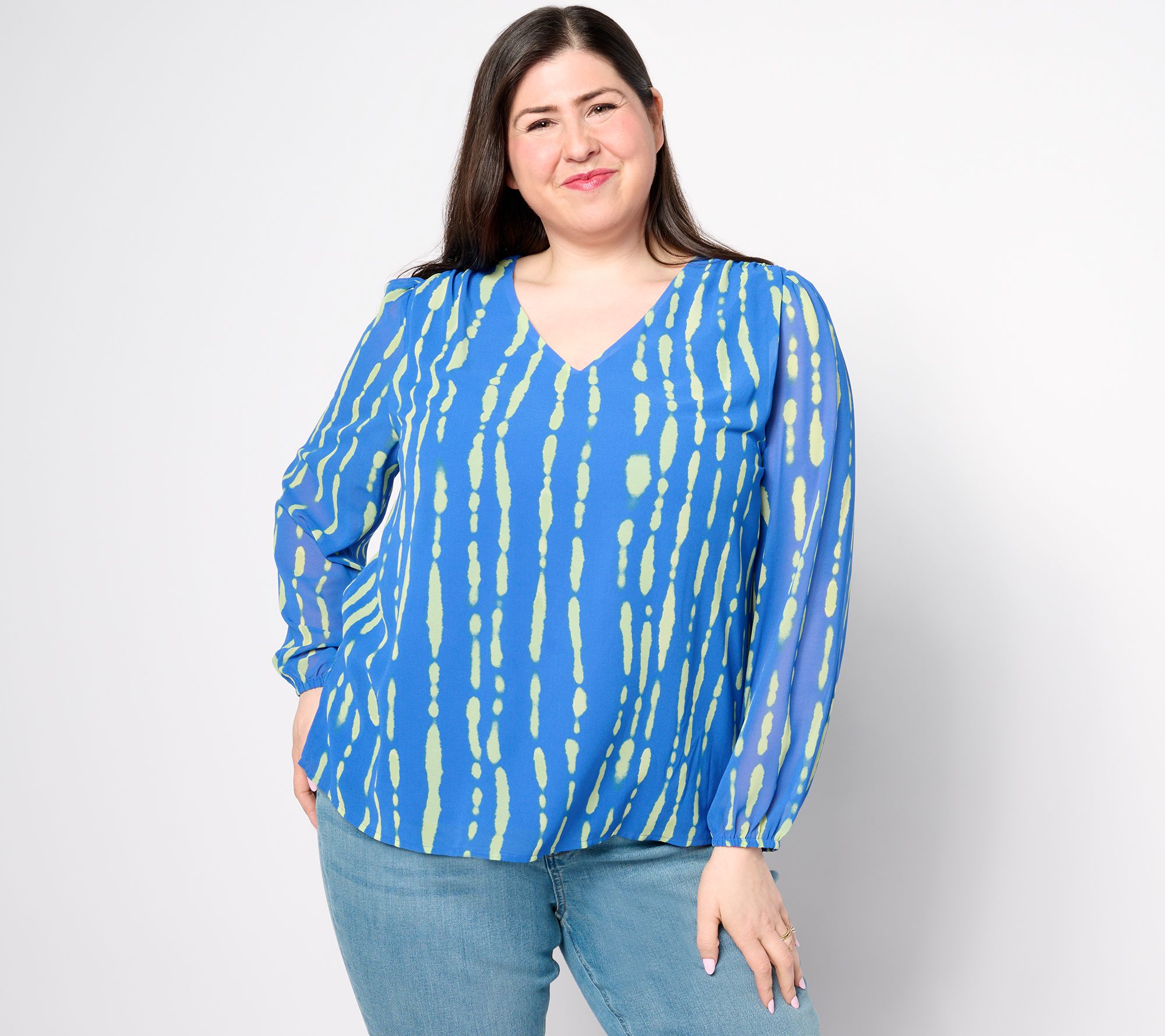 "As Is" Belle by Kim Gravel Shibori Stripe Shirred Shoulder Blouse