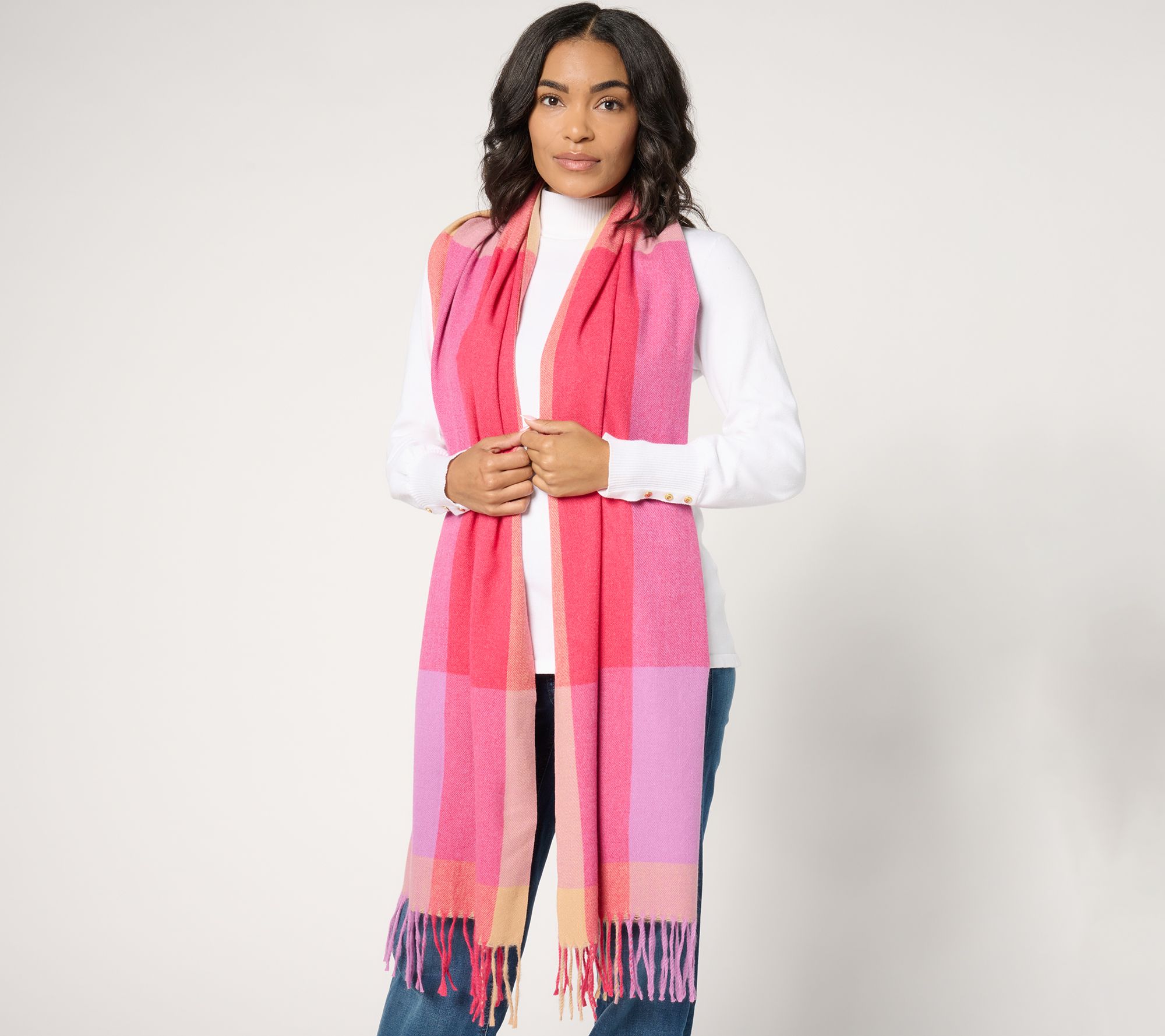 Belle by Kim Gravel Color Block Check Scarf with Fringe