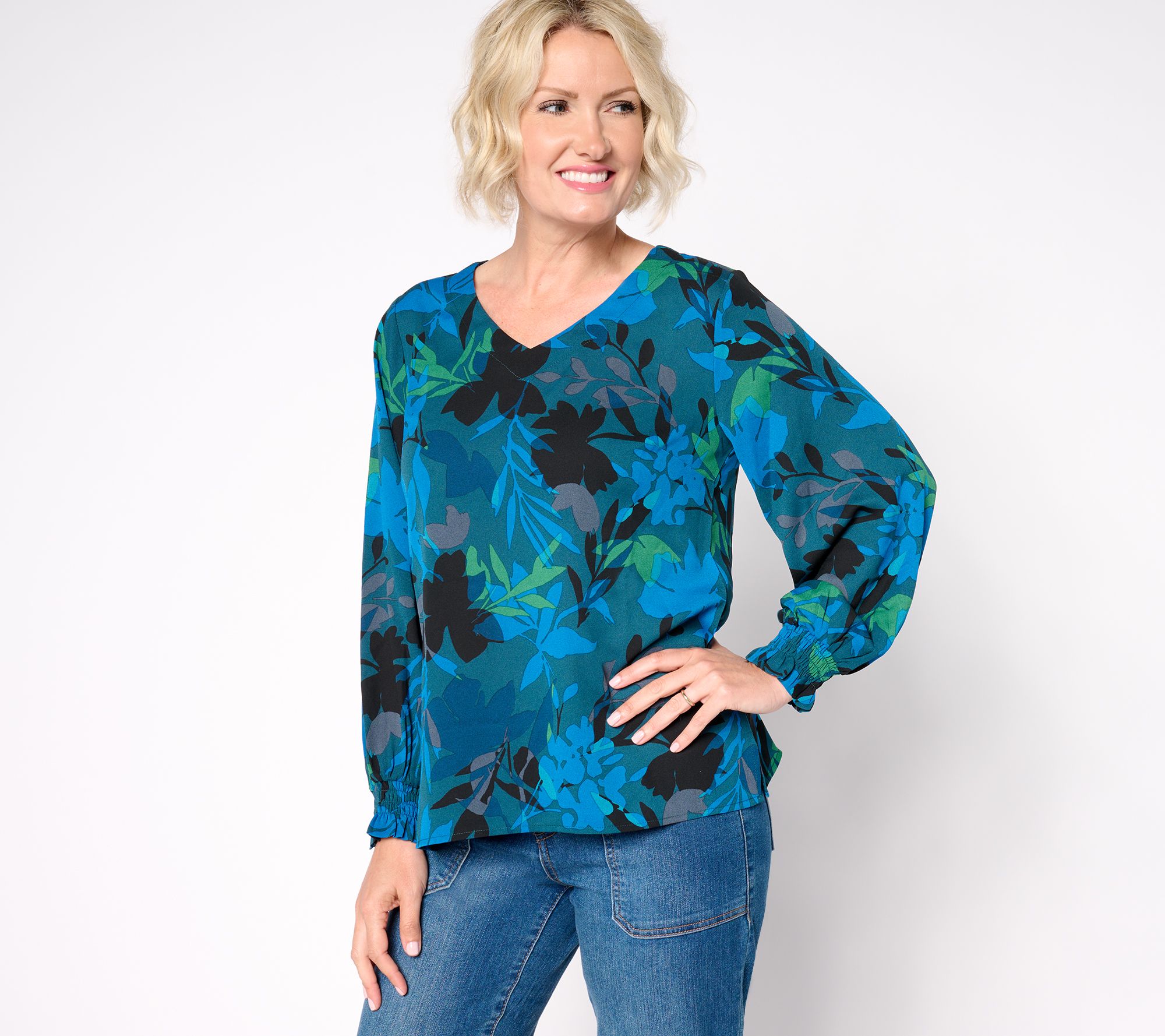 Belle by Kim Gravel Floral Fire Smocked Cuff Blouse