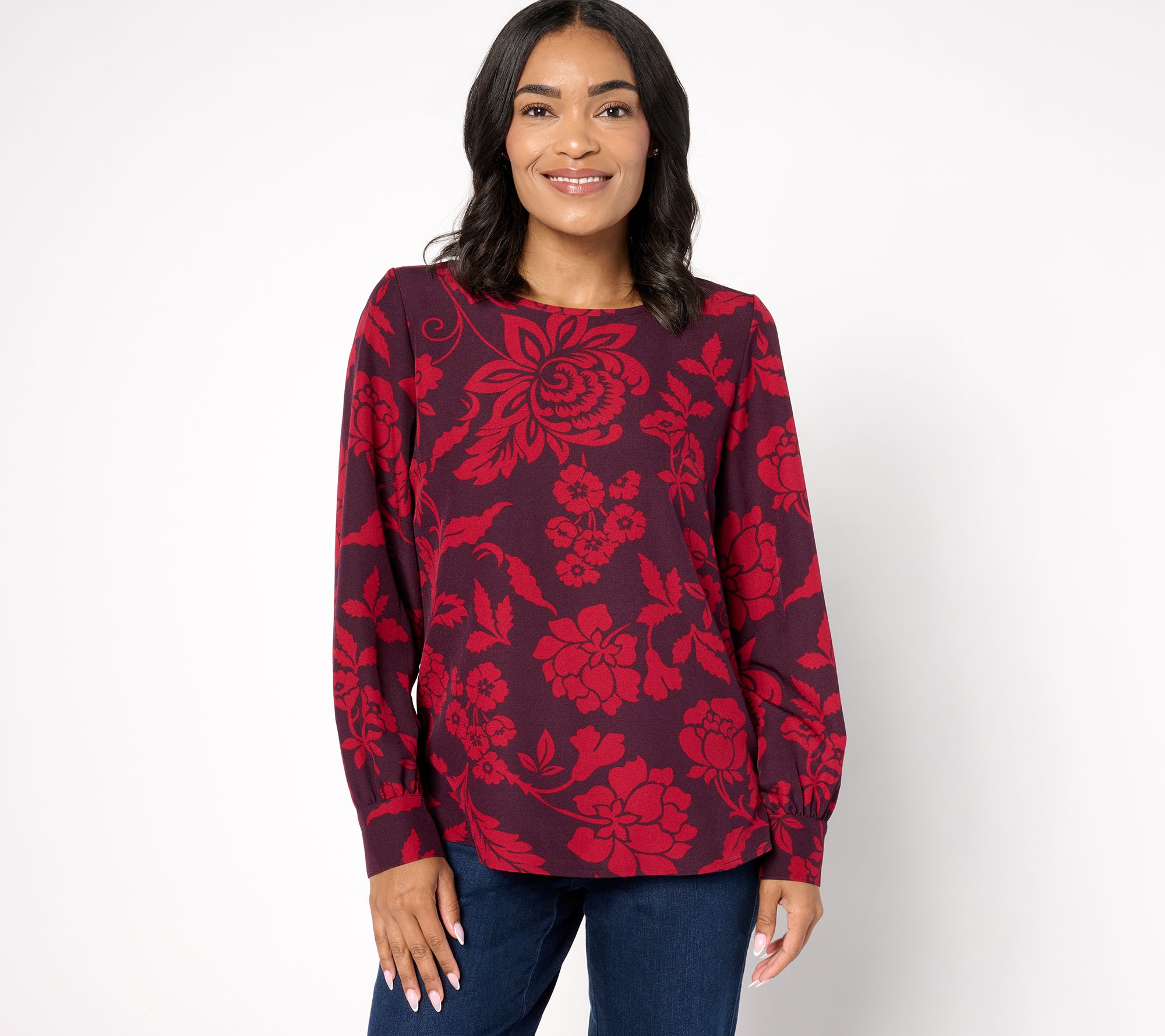 Denim & Co. Signature Scoop Neck Blouson Sleeve Printed Top