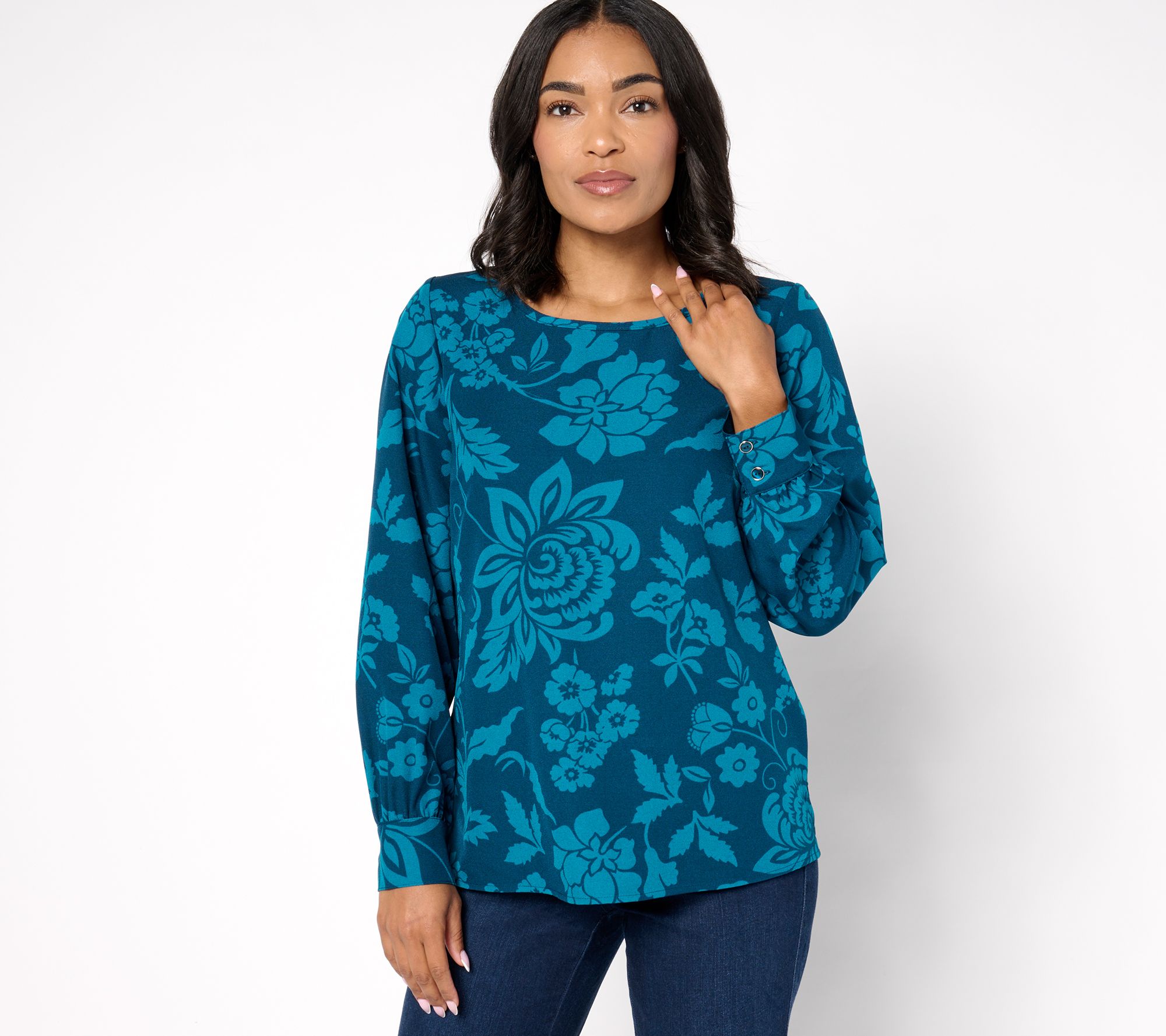 Denim & Co. Signature Scoop Neck Blouson Sleeve Printed Top