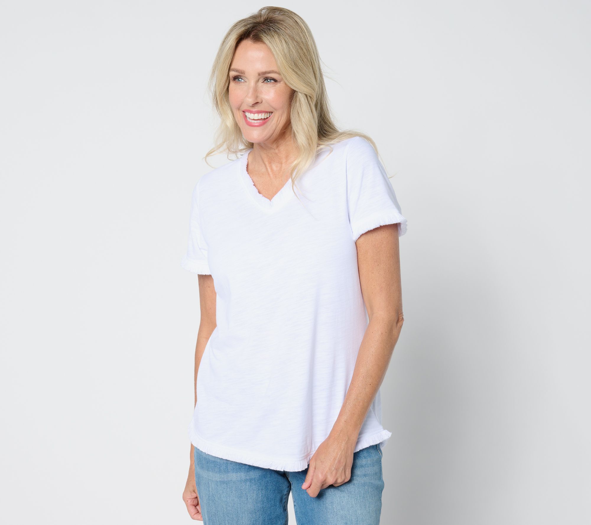 "As Is" Belle by Kim Gravel Slub Knit V-Neck Top with Fringe Trim